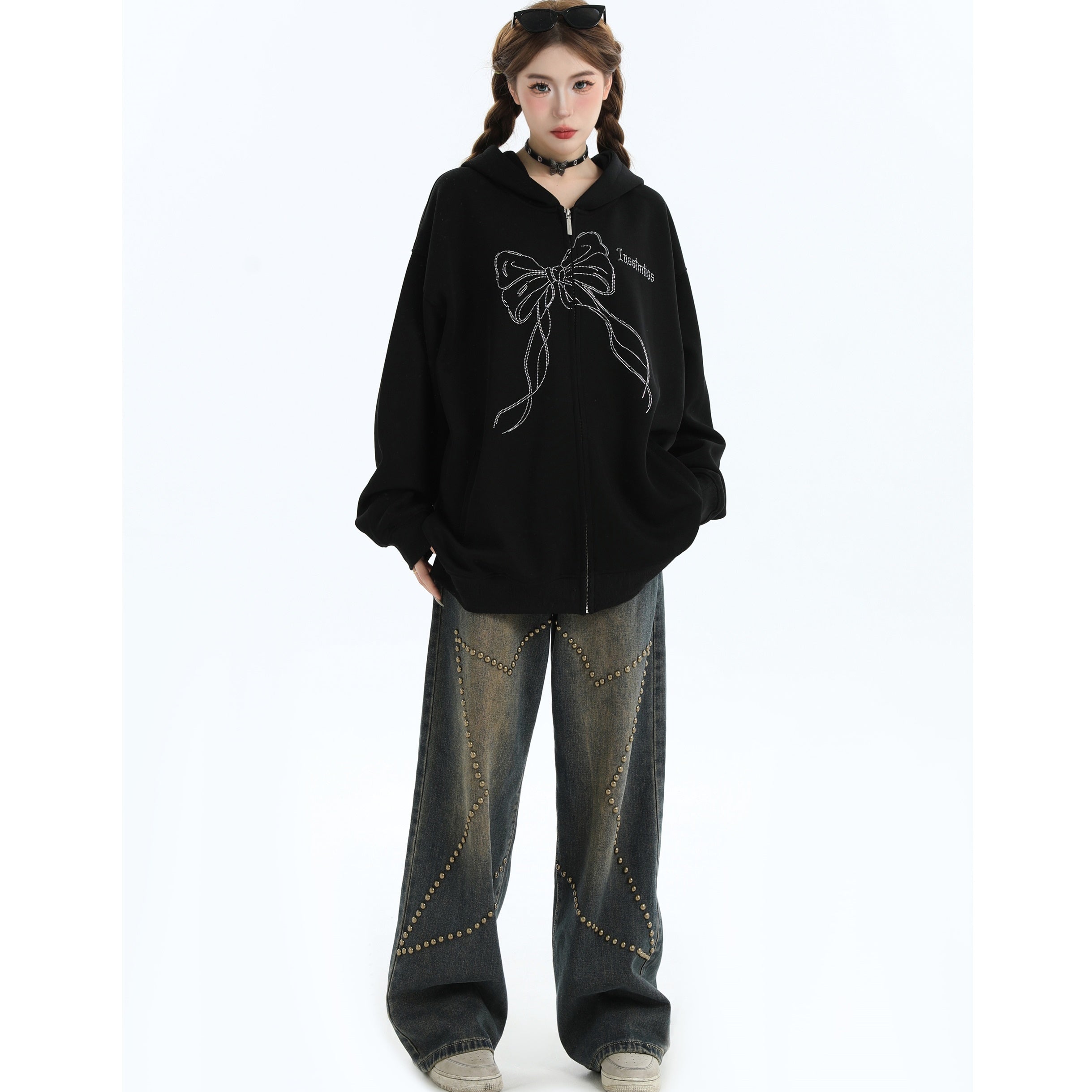 Rhinestone Bow Logo Loose Hooded Zip Parka IN7012