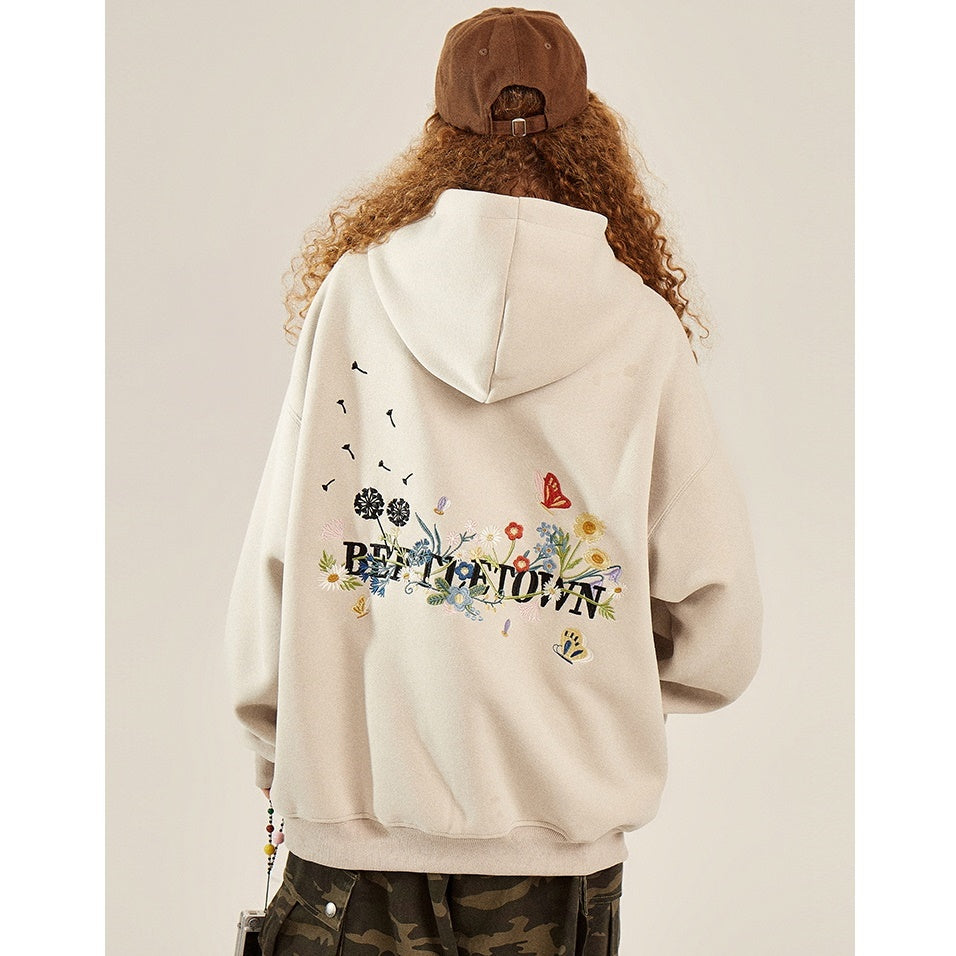 Back Floral Embroidered Zip Hooded Parka BT7032