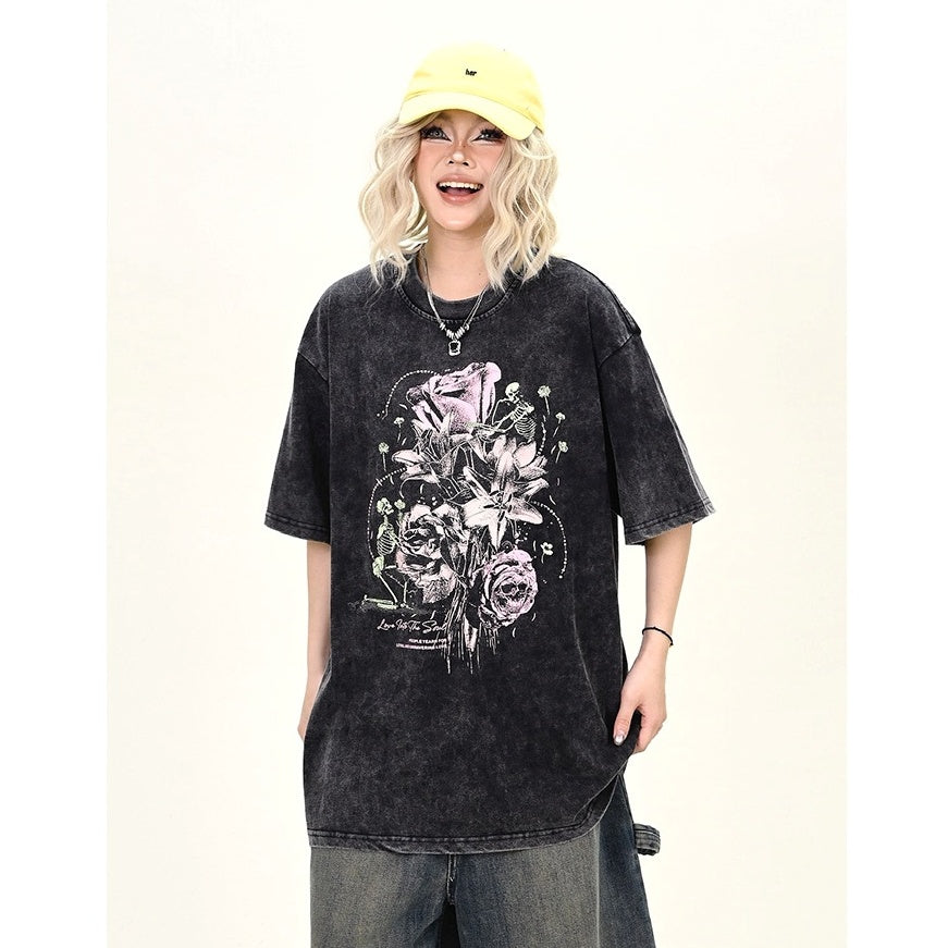 Skull Rose Print Wash Loose T-shirt MW9951