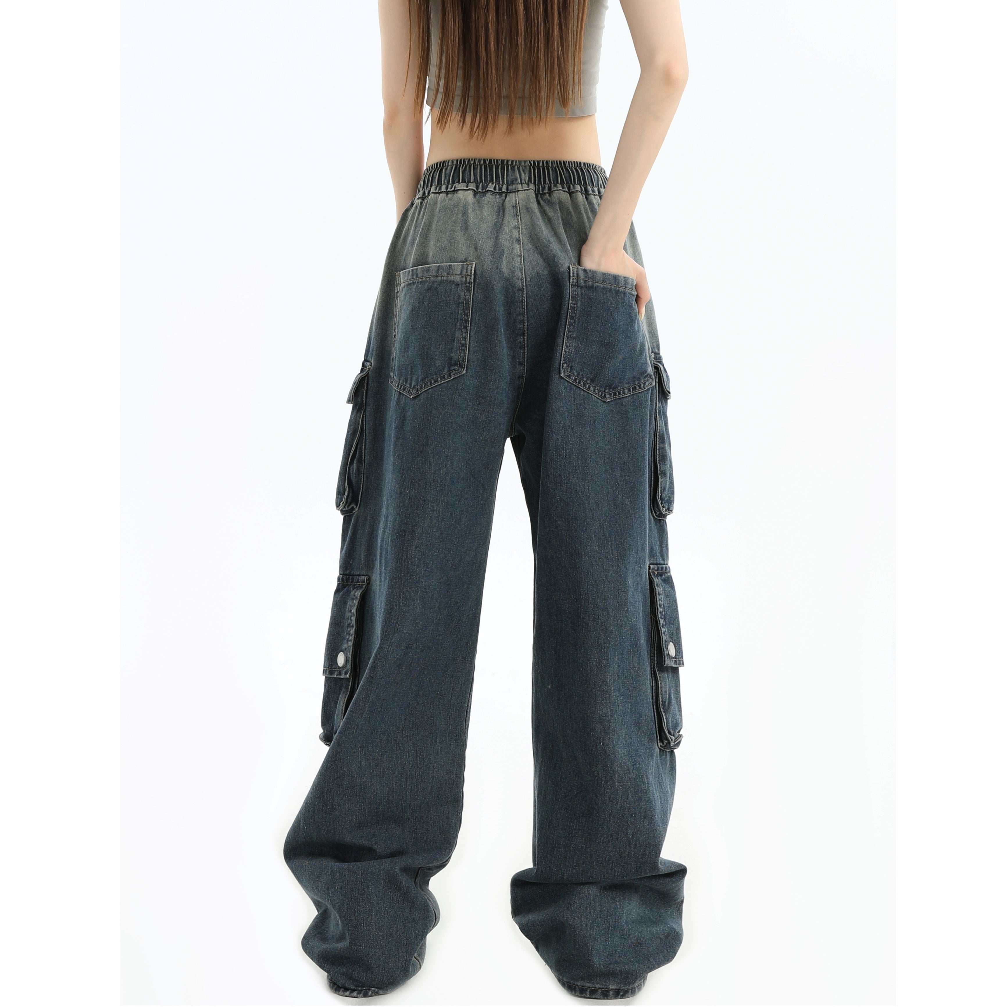 Gradient Wash Wide-Leg Cargo Jeans IN7014