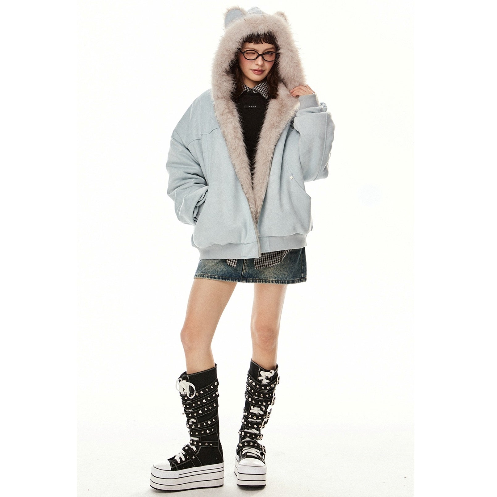 Fur Stitch Cat Ears Hooded Jacket EZ224