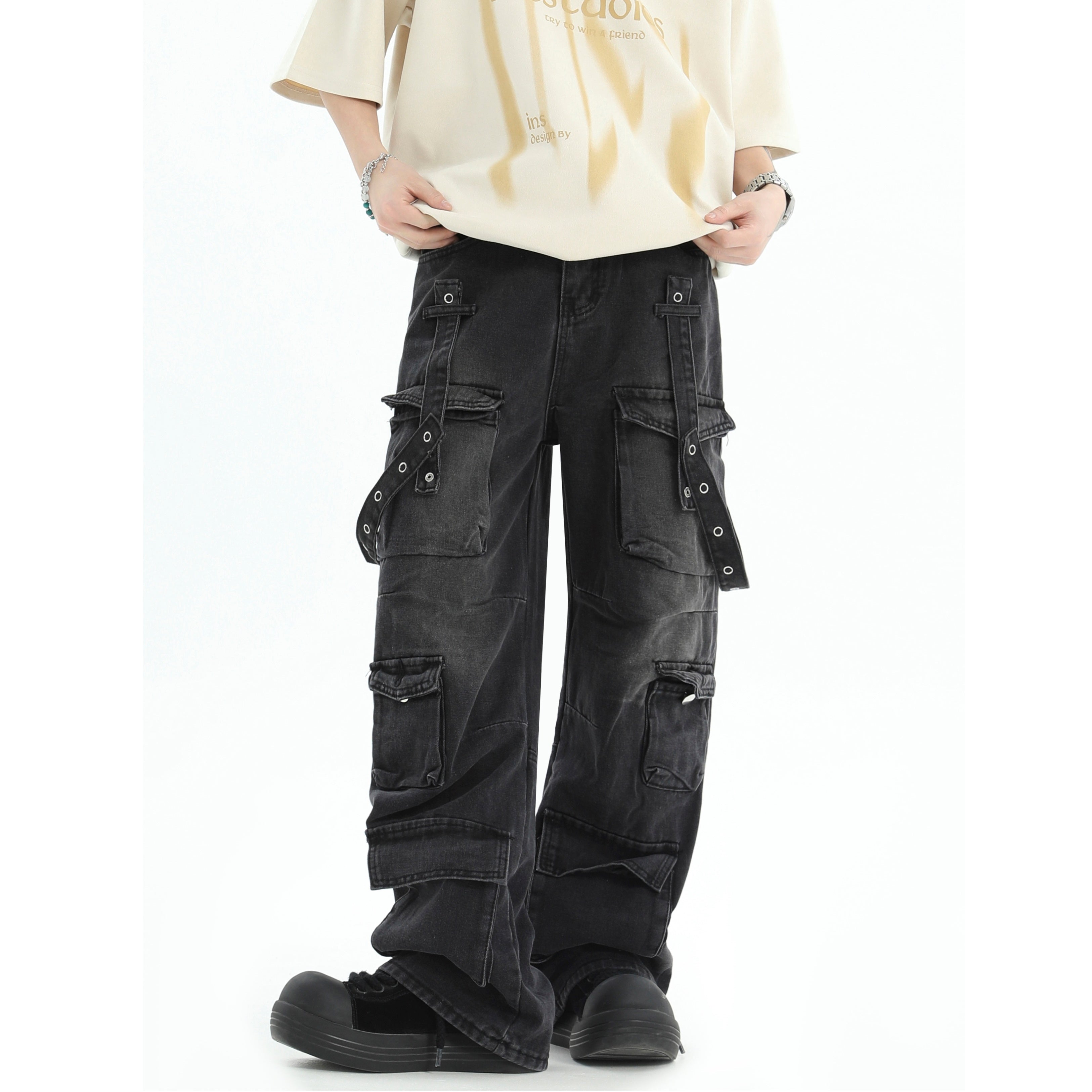 Retro Wide-leg Straigh Strap Cargo Jeans IN7010