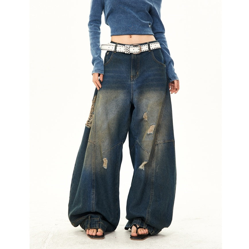 Retro Washed Ripped Stitch Design Loose Jeans YS7007