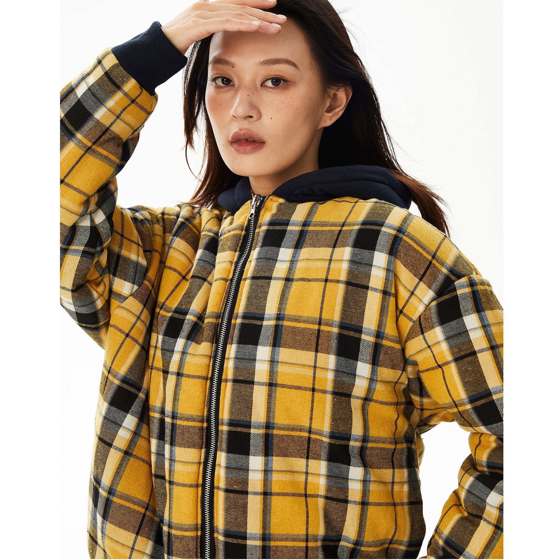 Reversible Plaid Hooded Zipper Jacket MW9732