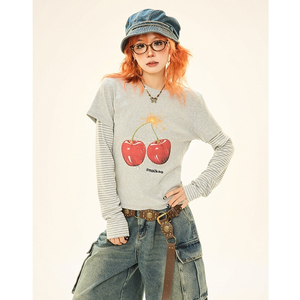 Cherry Print Fake Layered Long Sleeve T-Shirt MW9330