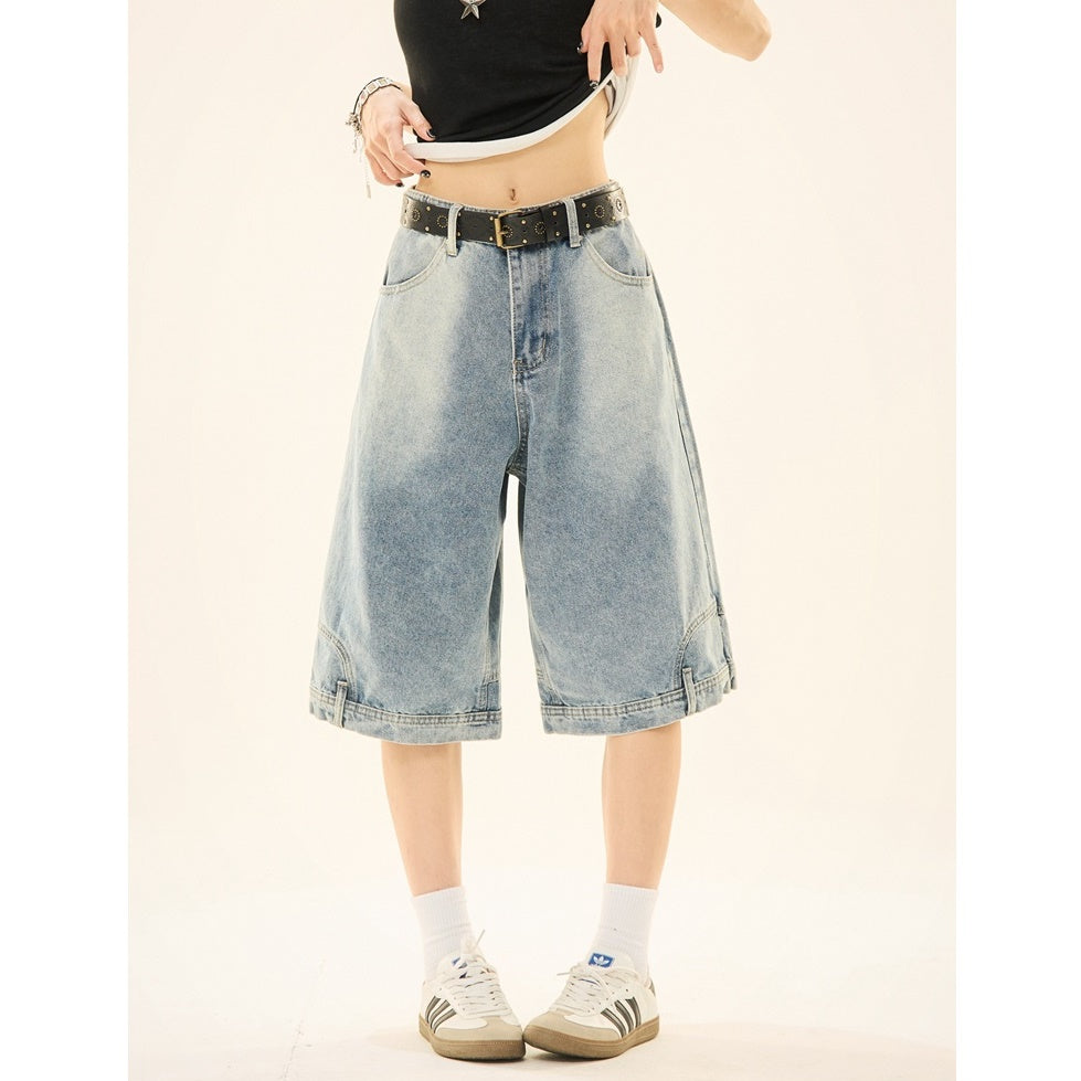 Wash Reverse Design Denim Loose Cropped Pants MW9264