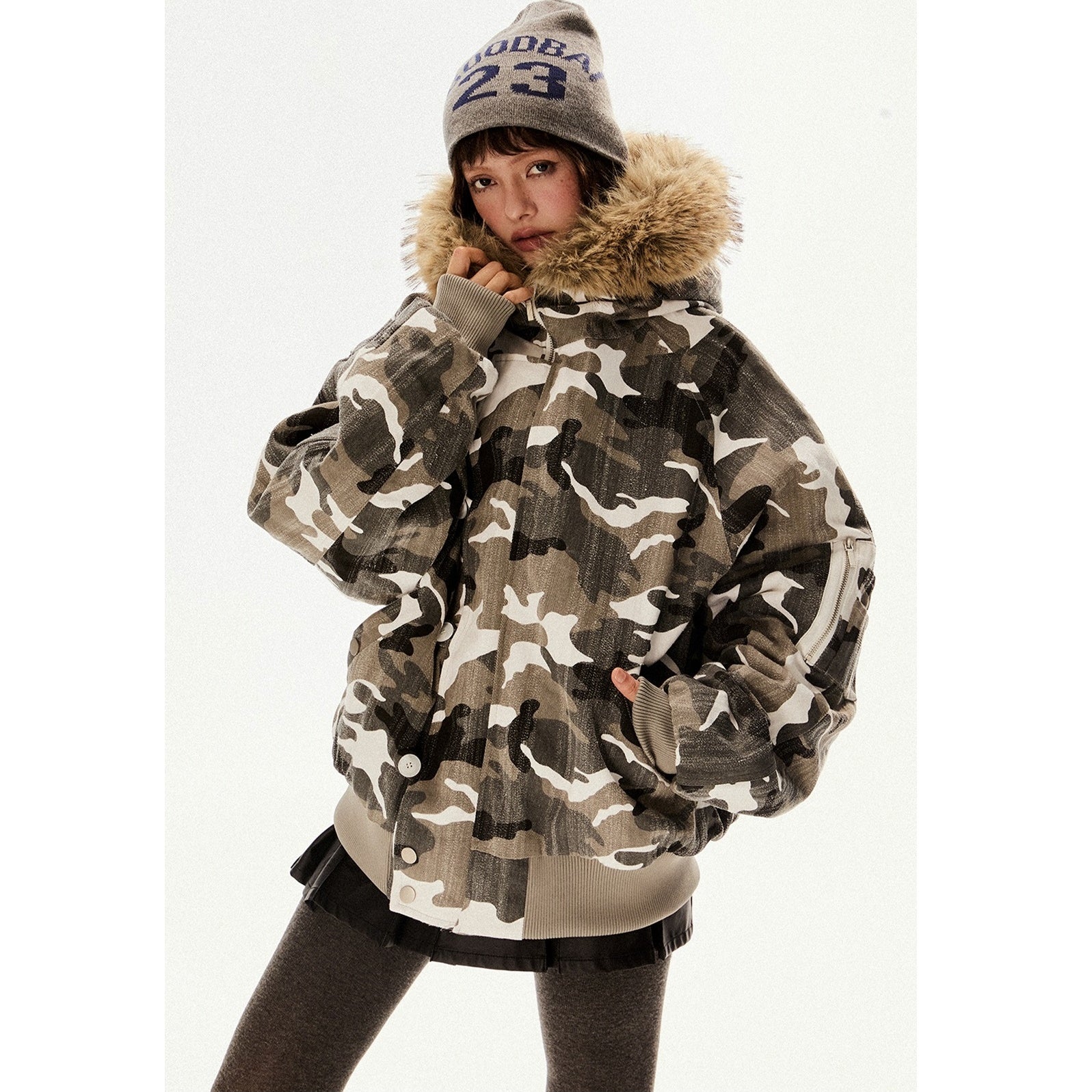 Fur Collar Hooded Camouflage Zipper Jacket EZ194