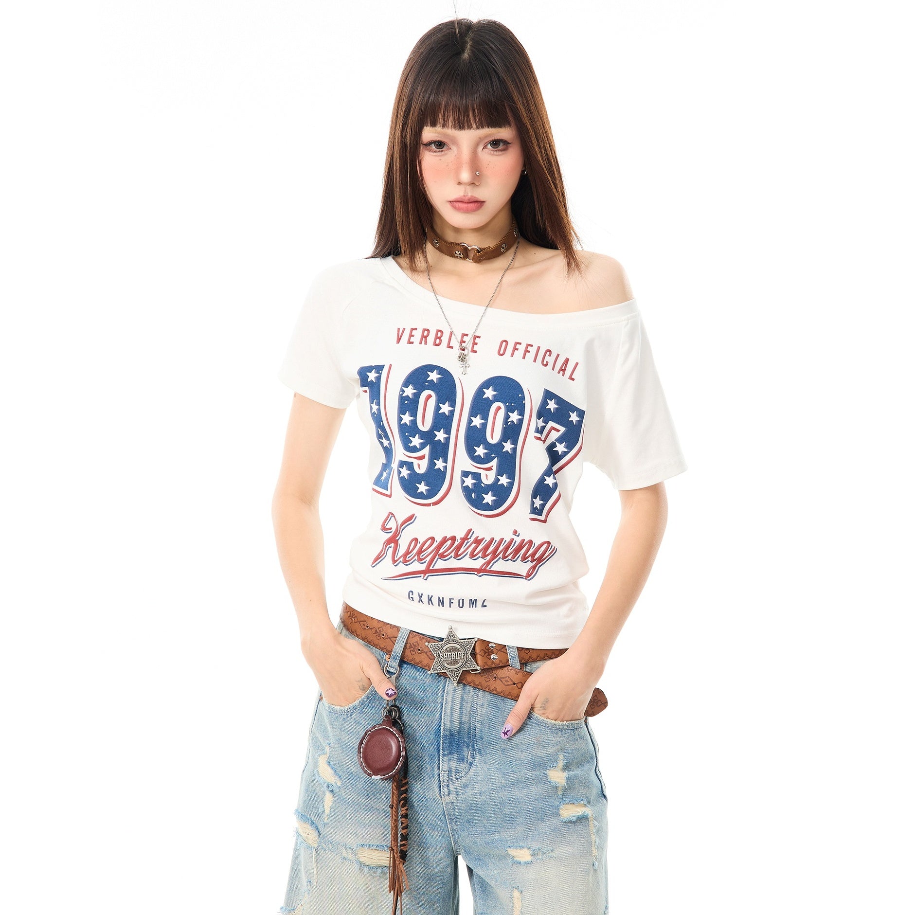 American Star Print Slanted Shoulder T-shirt MW10096