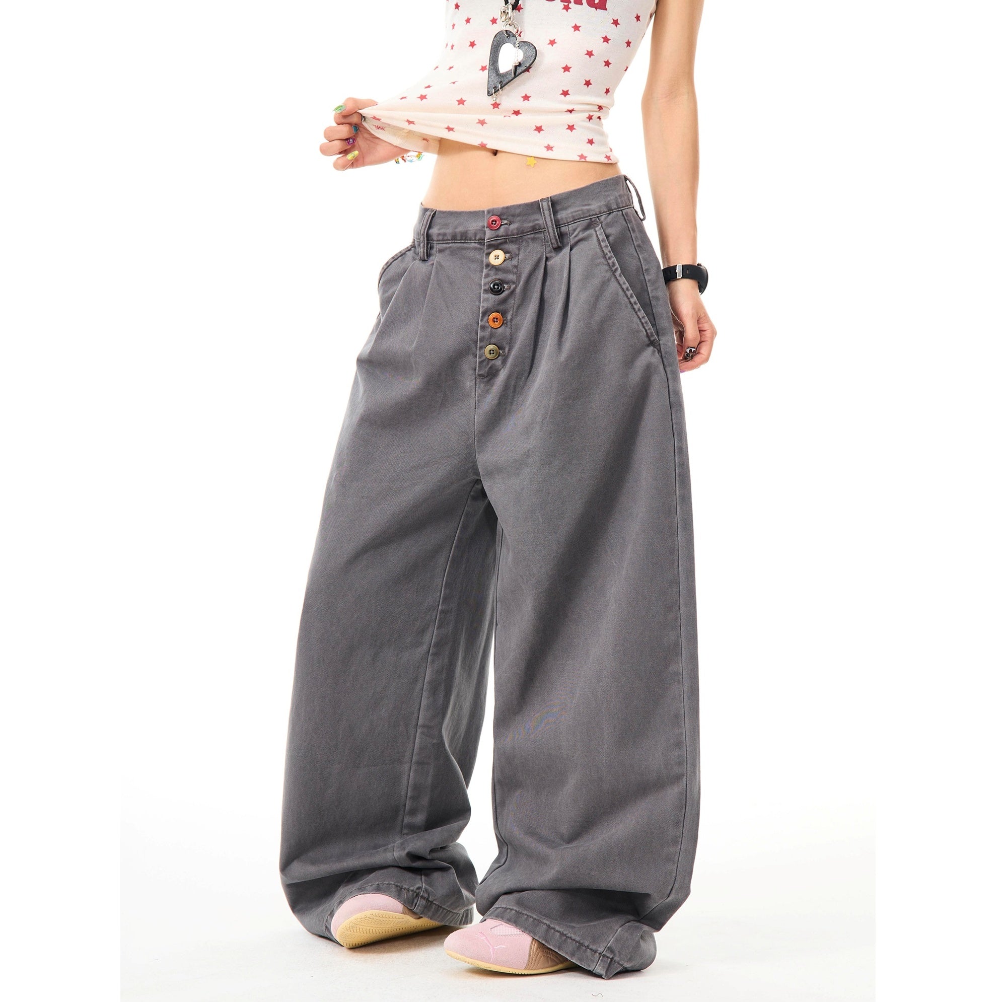 Color Button Wide Straight Pants MW10099
