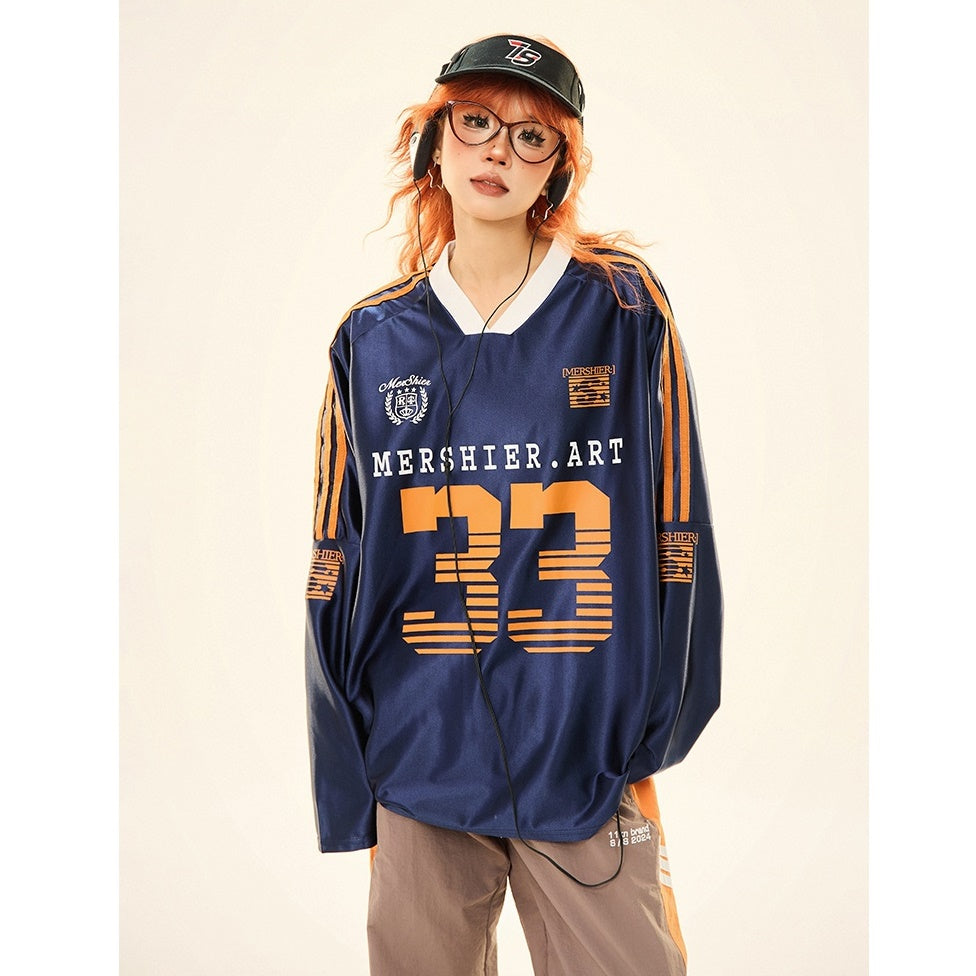 V-neck Sports Style Jersey Long-sleeved T-shirt MW9285