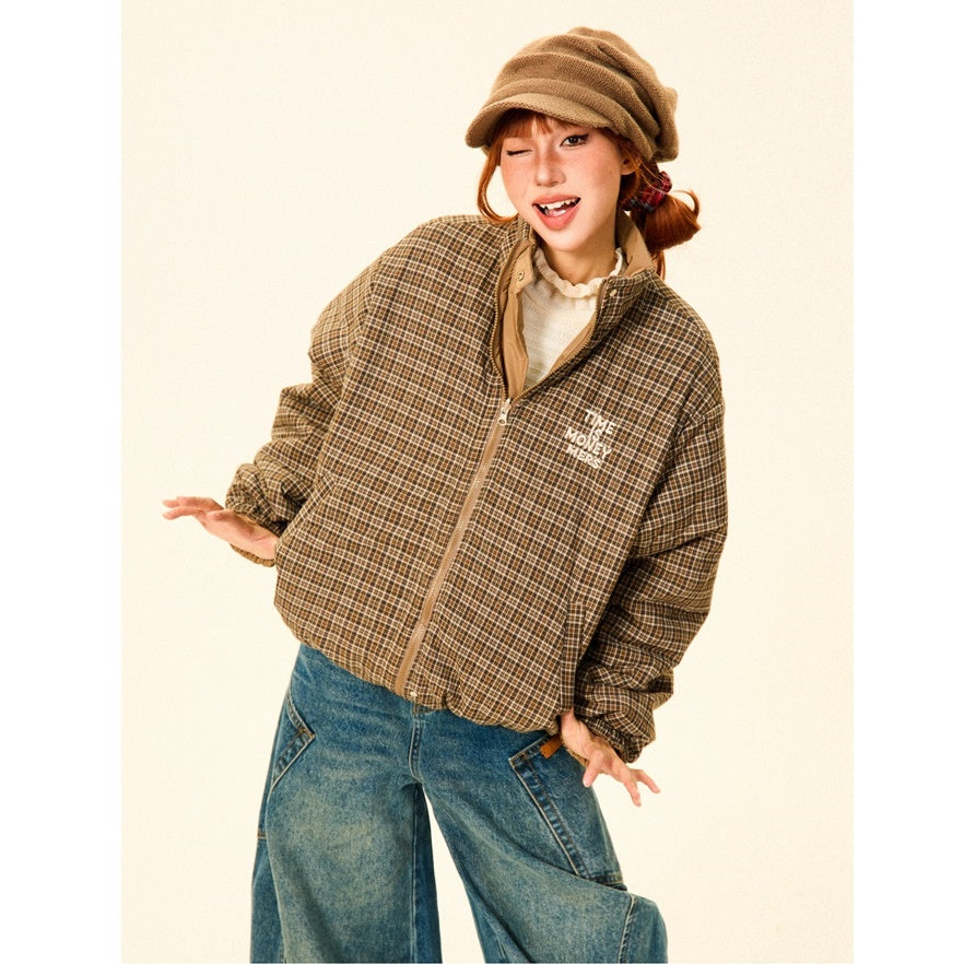 Reversible Plaid Zipper Padded Jacket MW9702