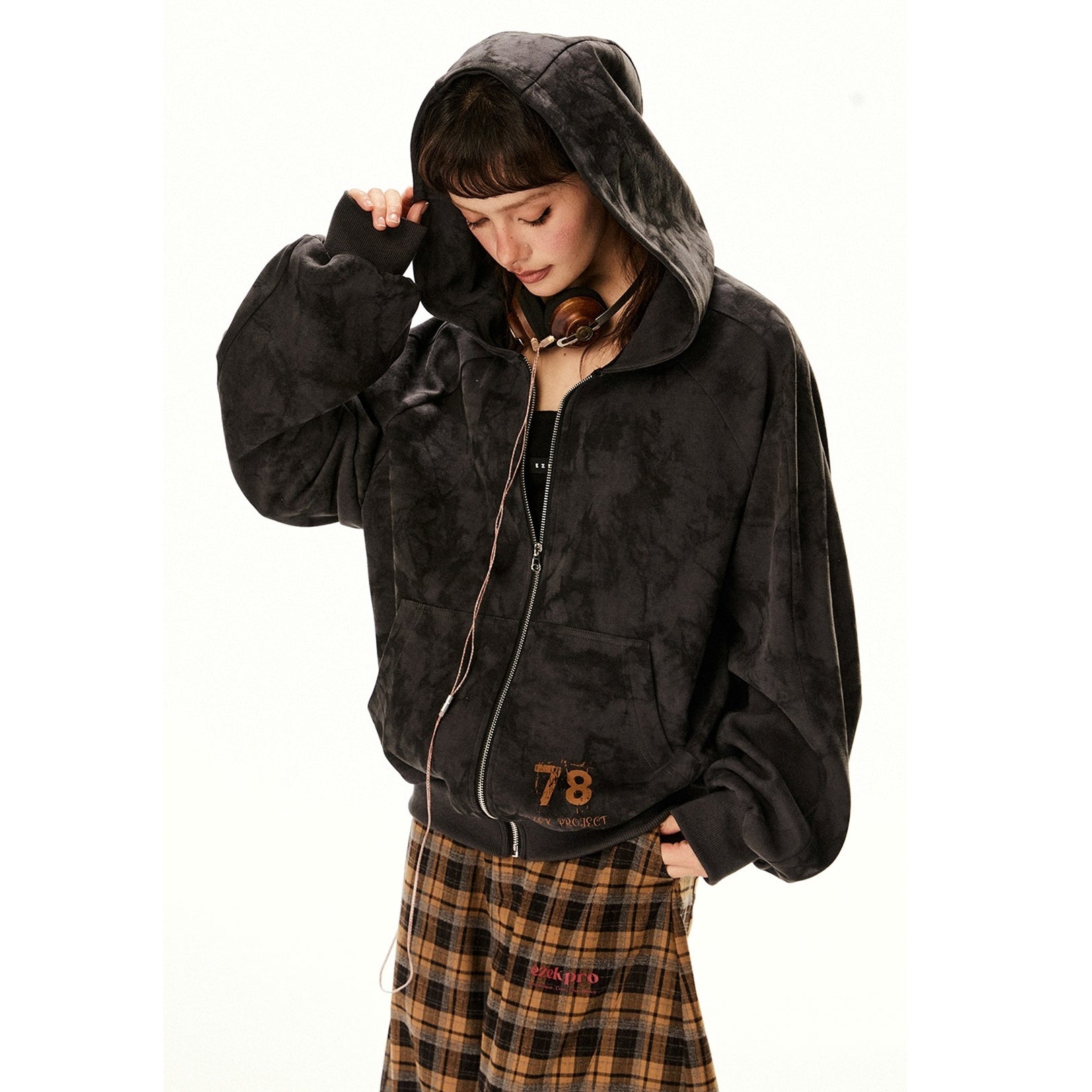 Mottled Loose ZIP-Up Hooded Parka EZ238