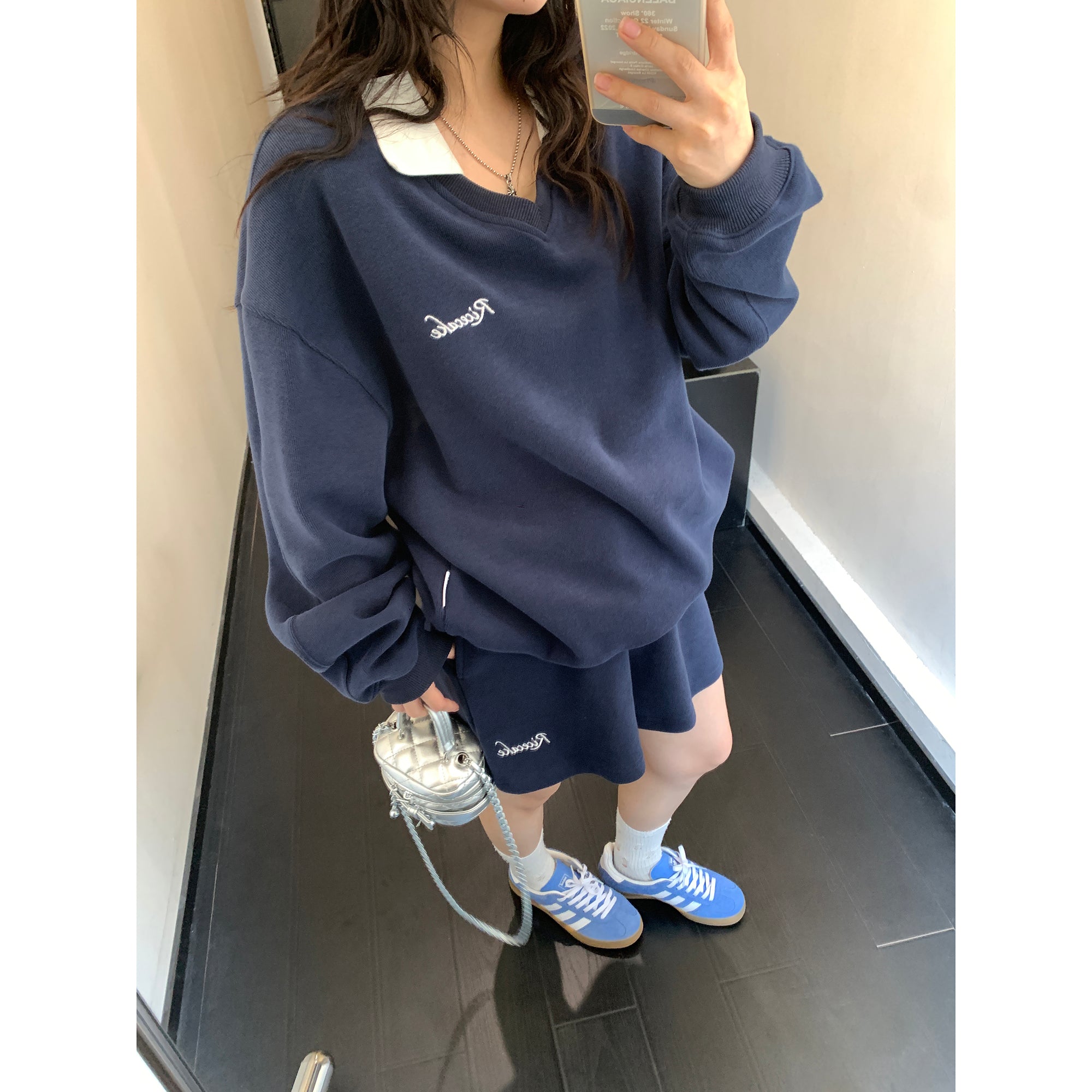 Casual Embroidery V-neck Sweat & Shorts Set-up MW9463