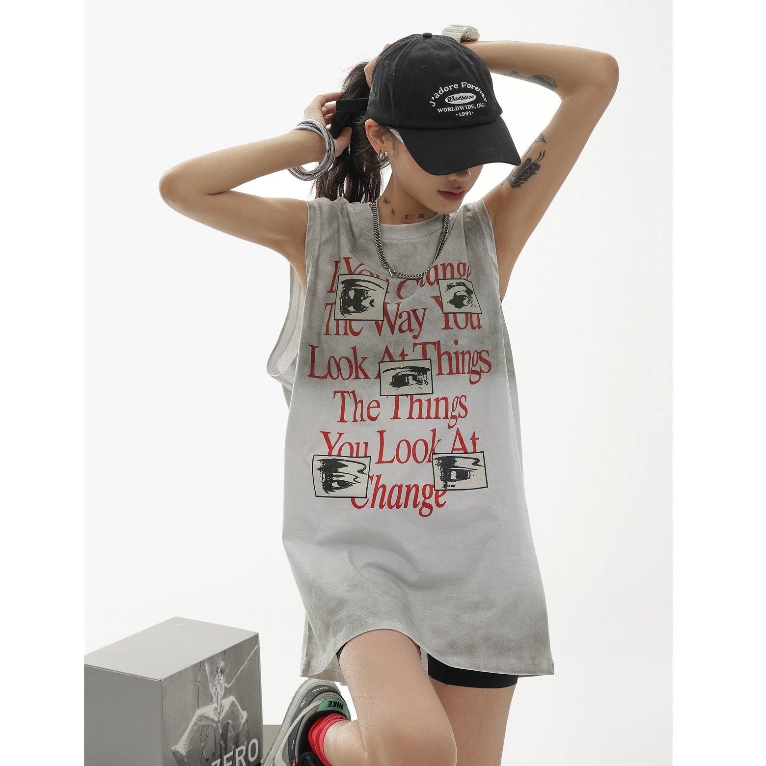 Washed Lettering Print Loose Sleeveless T-Shirt AC7045