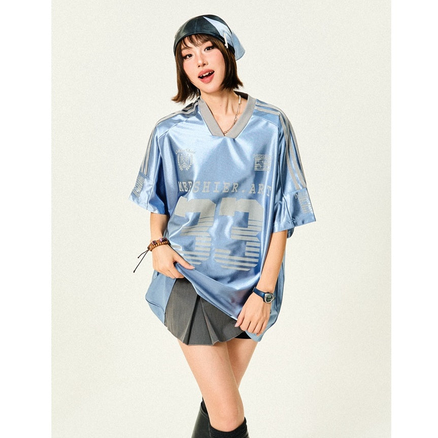 Loose V-Neck Sports Style Shiny T-Shirt YS7003