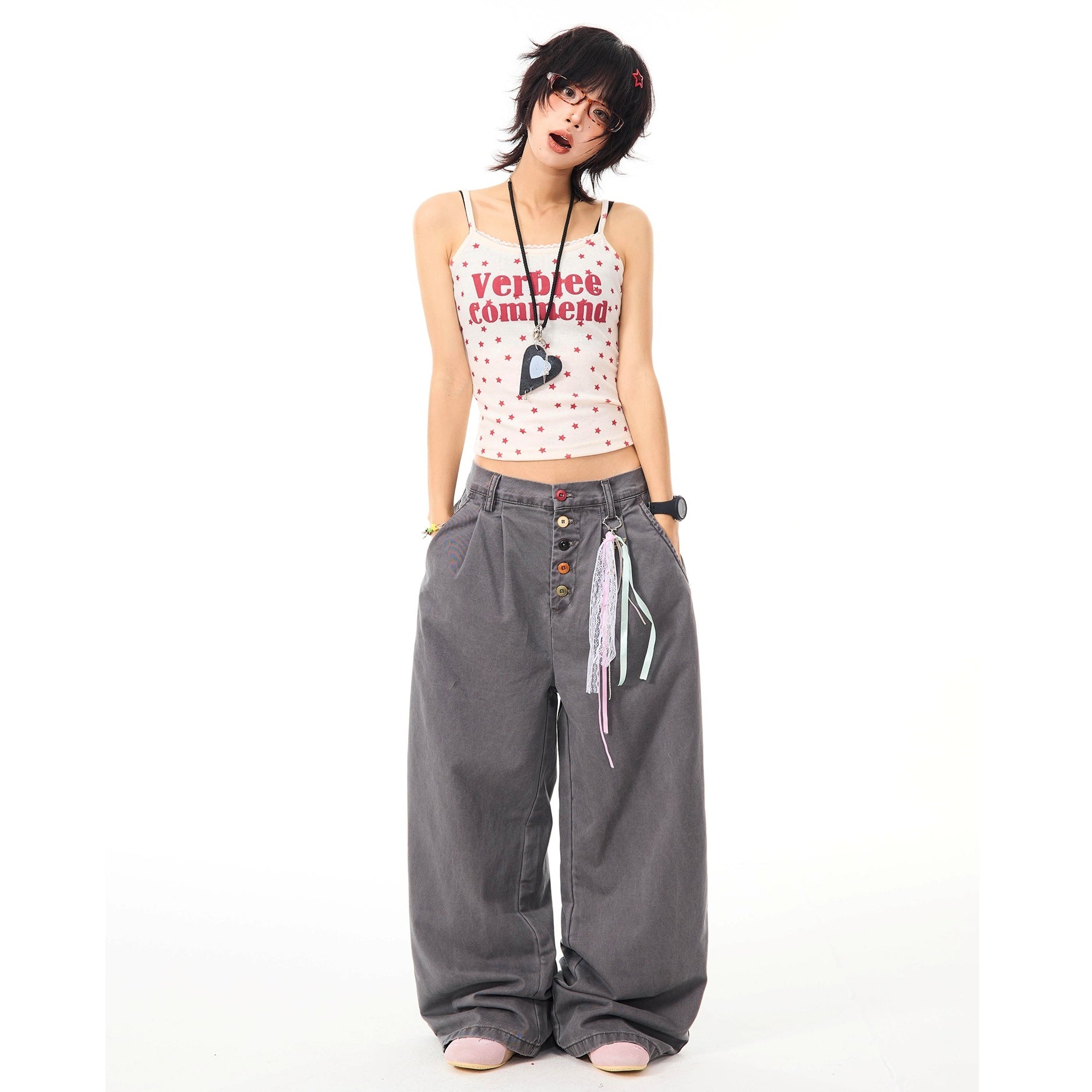 Color Button Wide Straight Pants MW10099