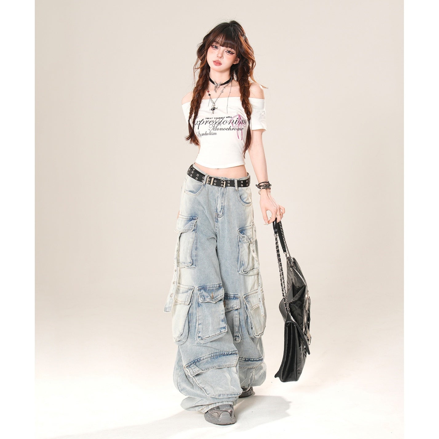Off-Shoulder Lace Cropped Slim T-Shirt KK2058