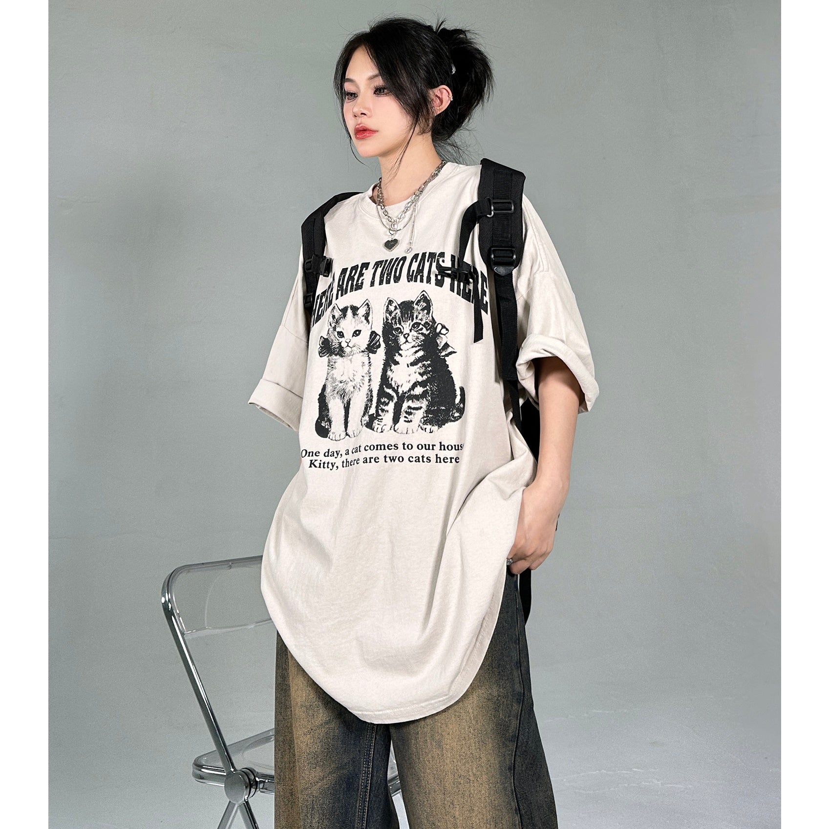 Washed Cat Print Oversize T-shirt HG7054