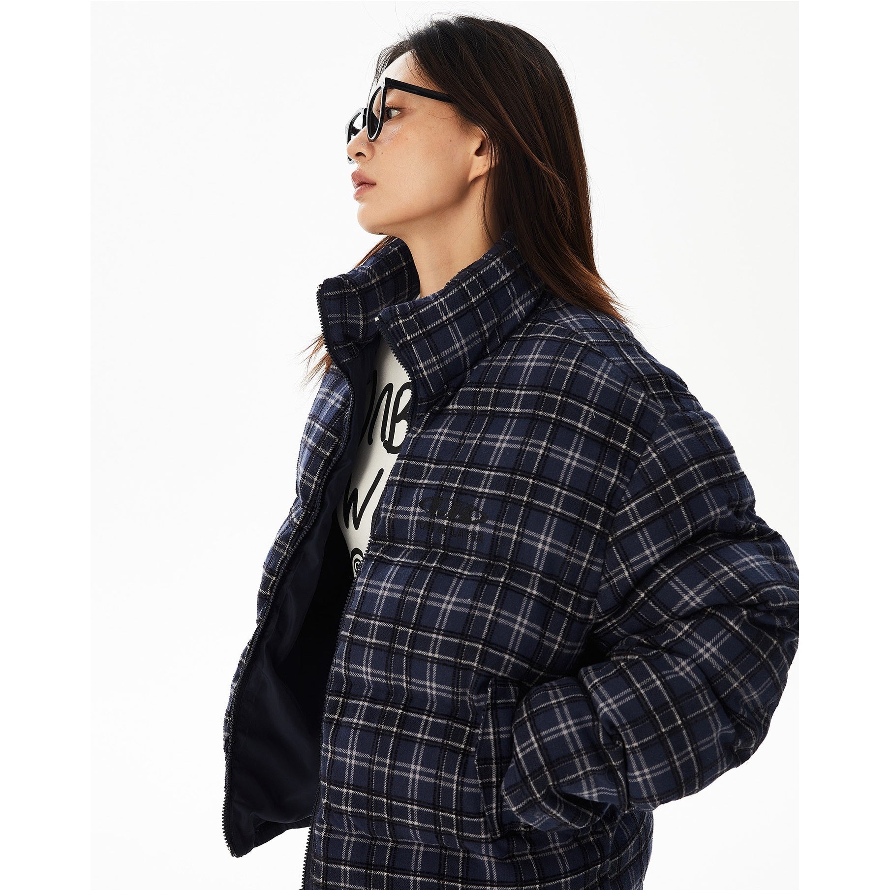 Plaid Reversible Stand Collar Padded Short Jacket MW9623