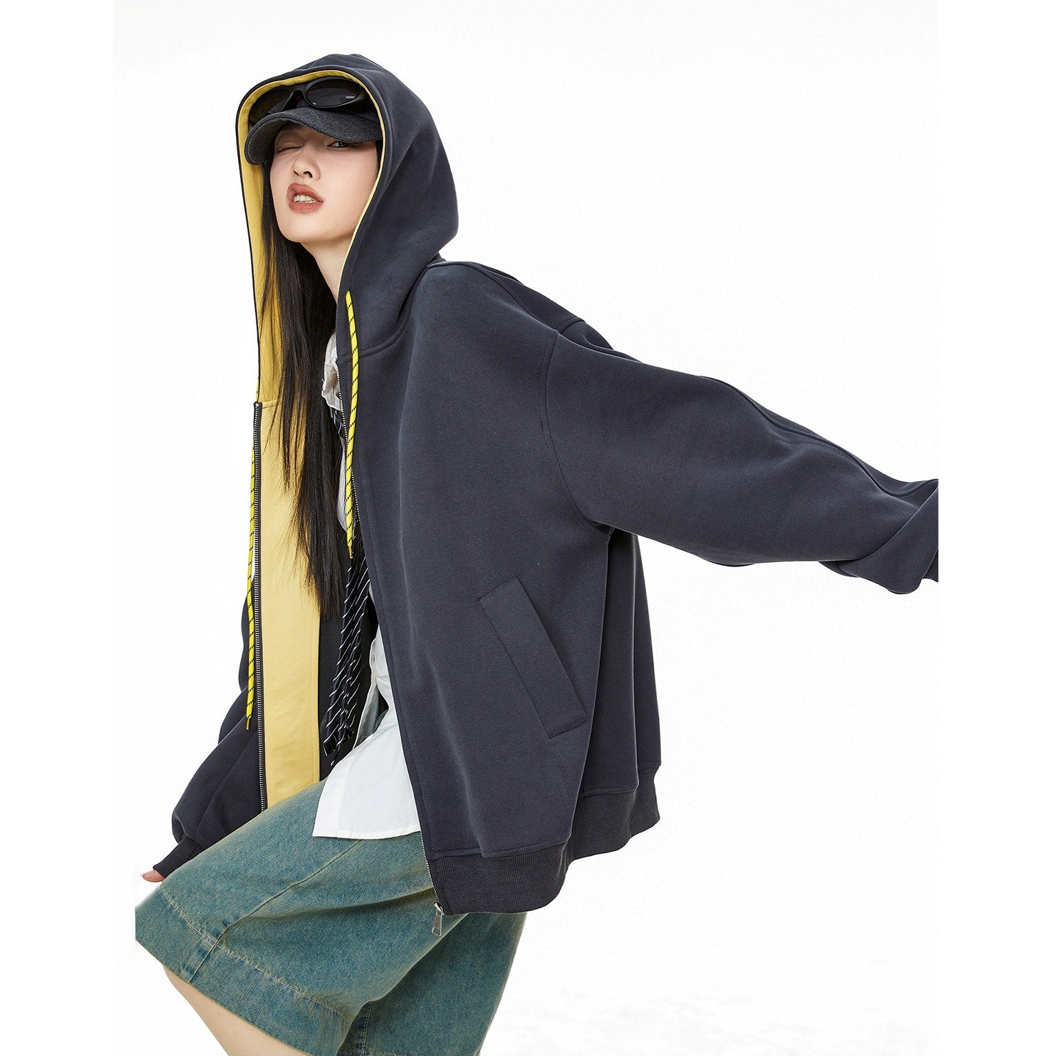 Contrast Color Hooded Sweat Jacket IC9008