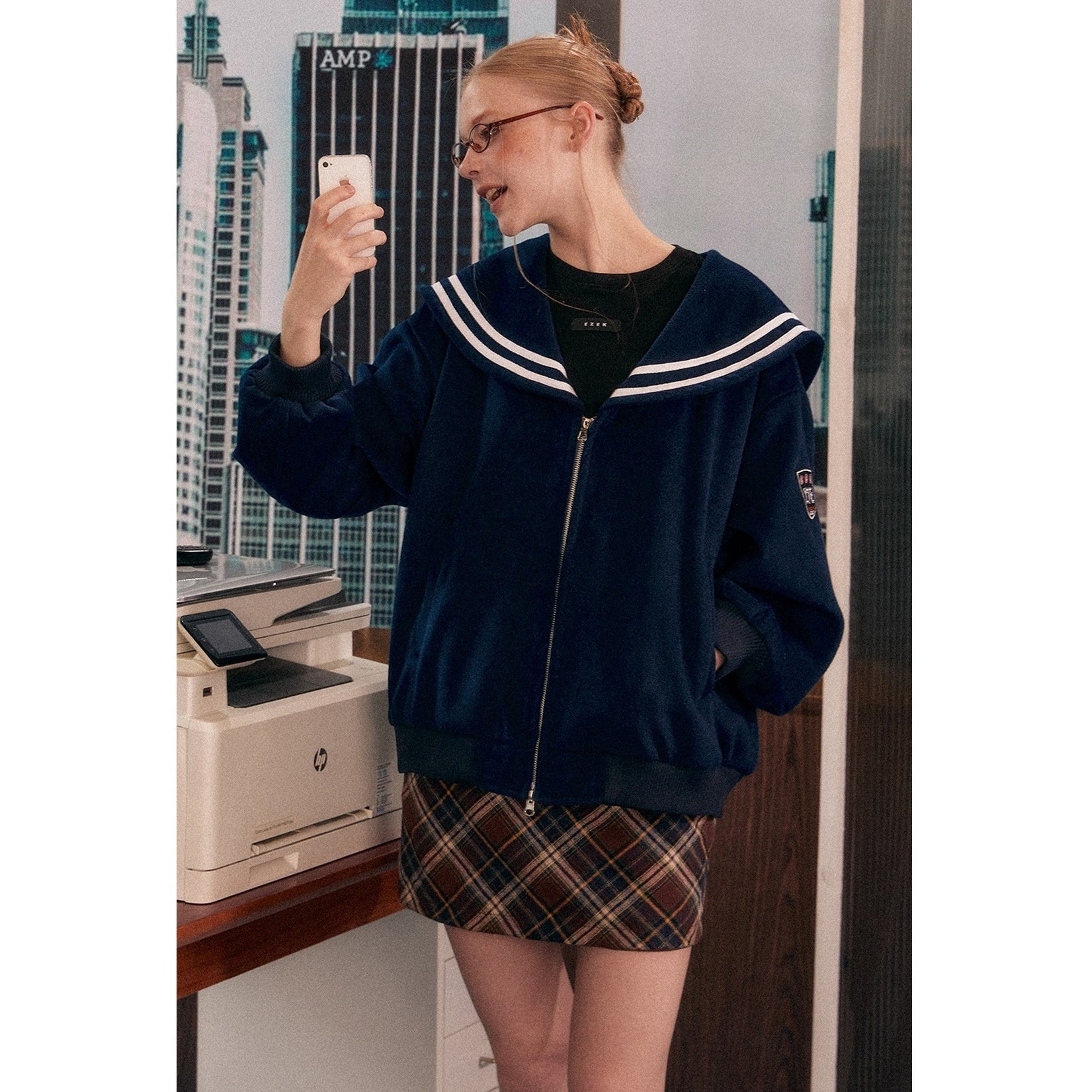 Retro Navy Collar Sweat Zip Jacket & Check Pleated Skirt EZ163