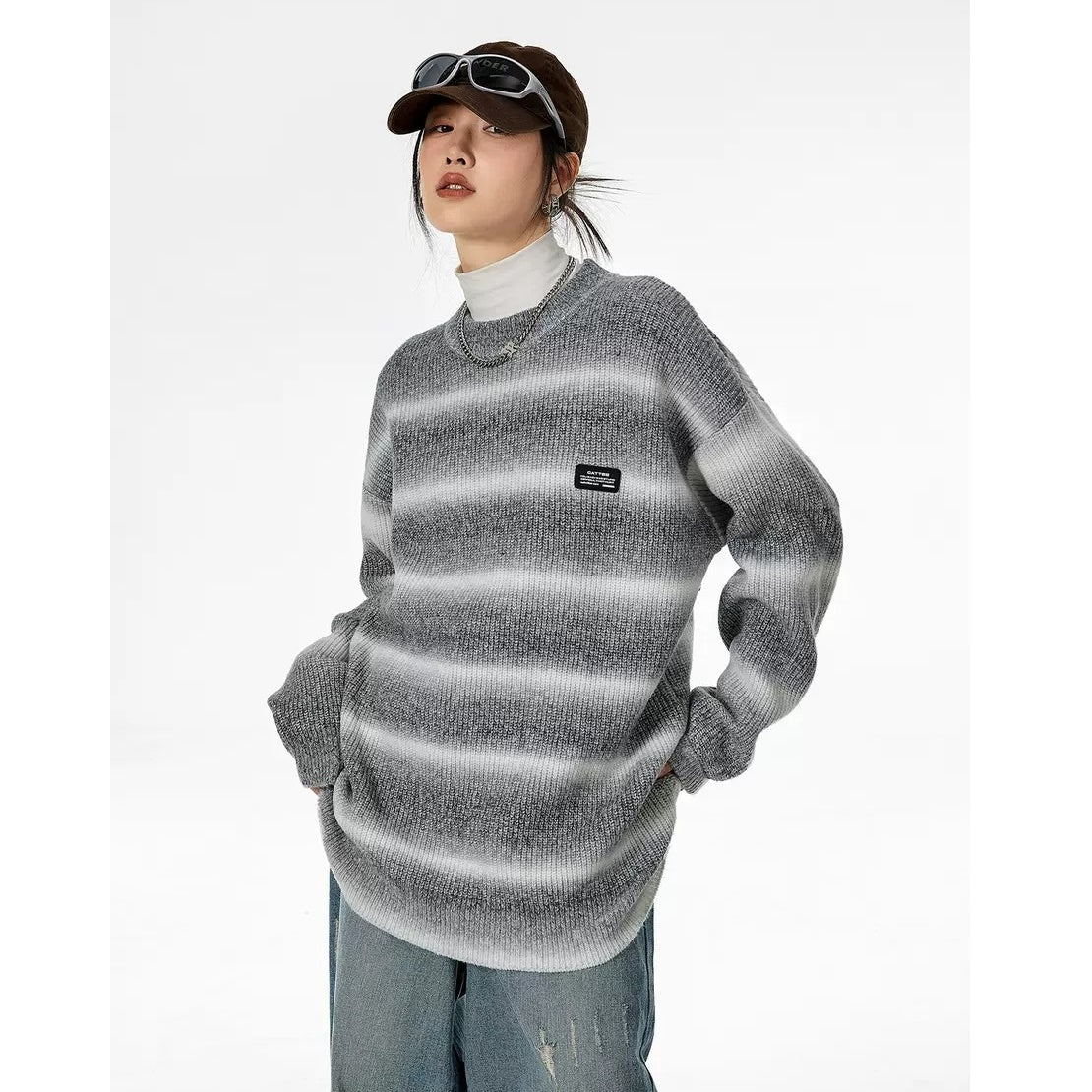 Gradation Border Crew Neck Loose Sweater MW9523