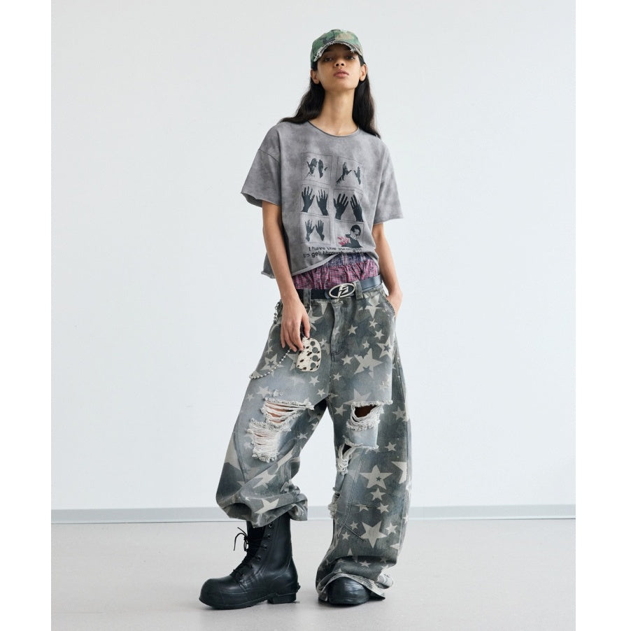 Vintage Cropped Print Washed T-shirt PS7014