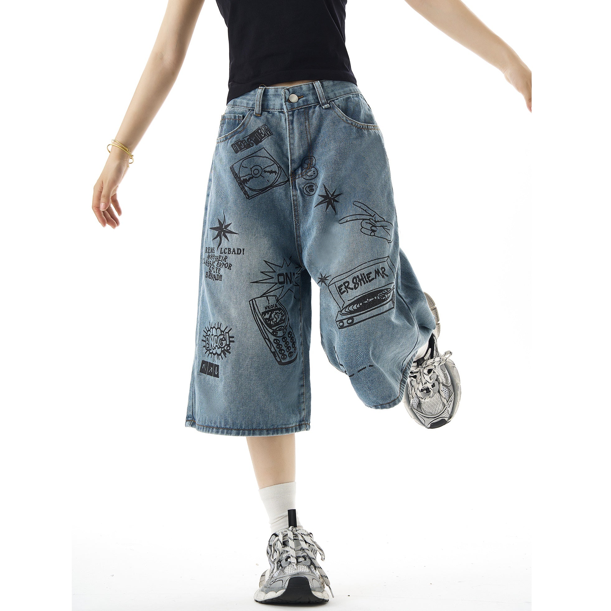 Graffiti Print Denim Five-point Pants HG7041