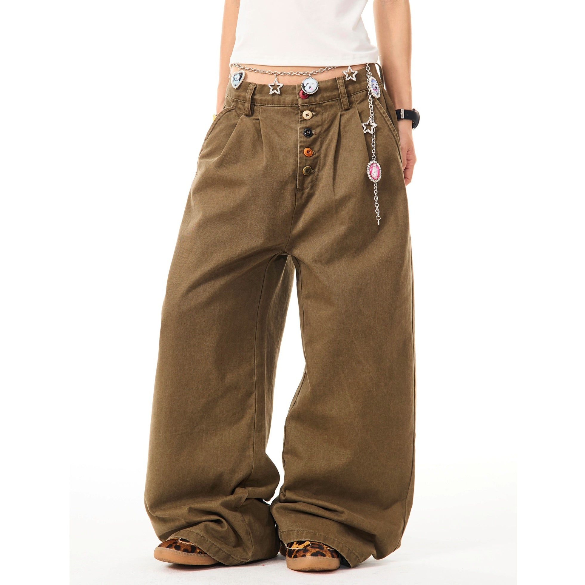 Color Button Wide Straight Pants MW10099