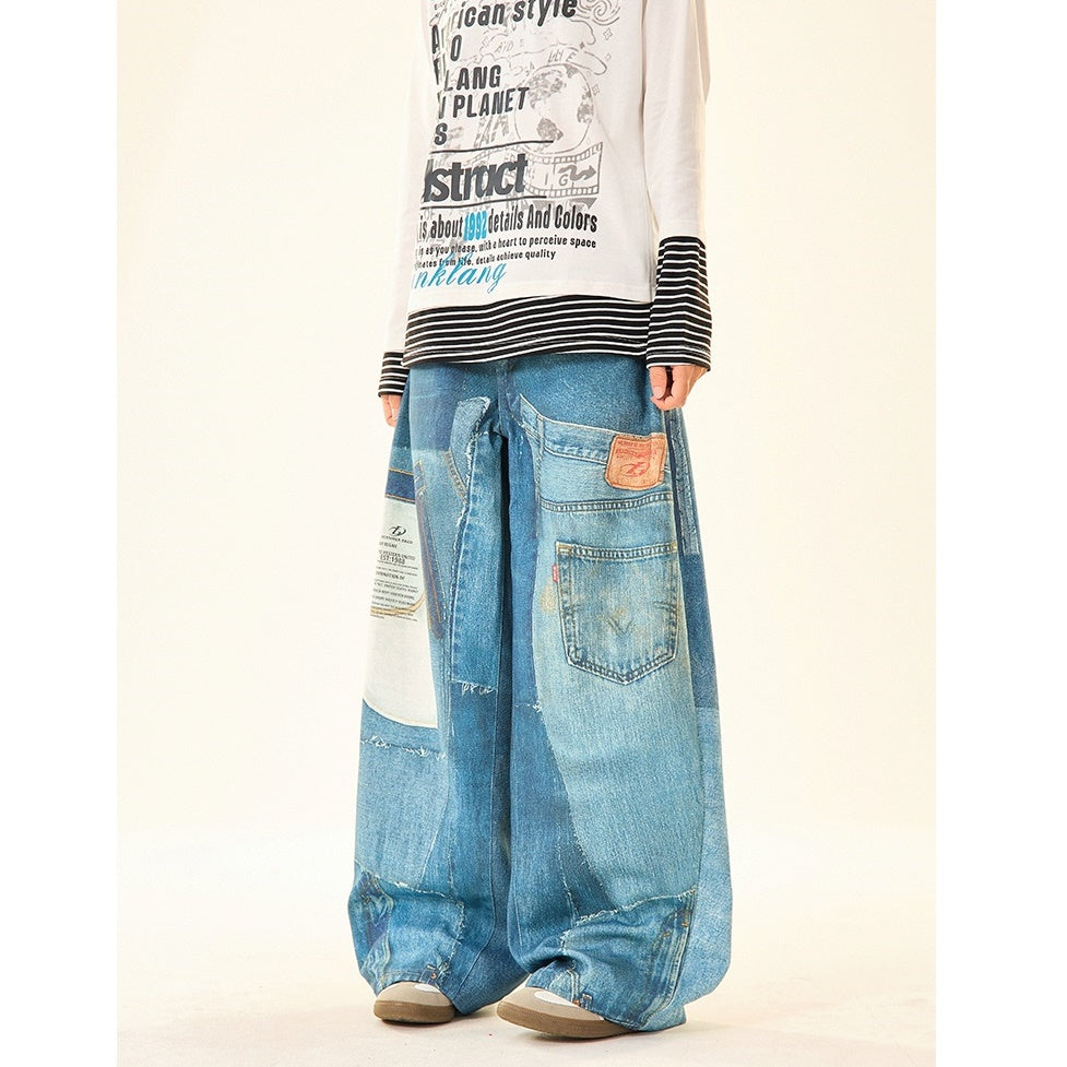 Patch Stitched Print Loose Straight Jeans MW9529