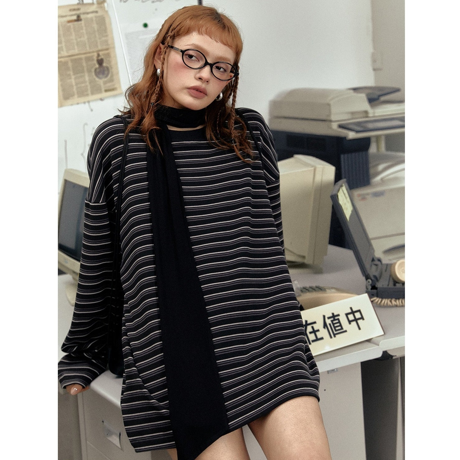 Drop Shoulder Loose Long Sleeve Border T-Shirt EZ159