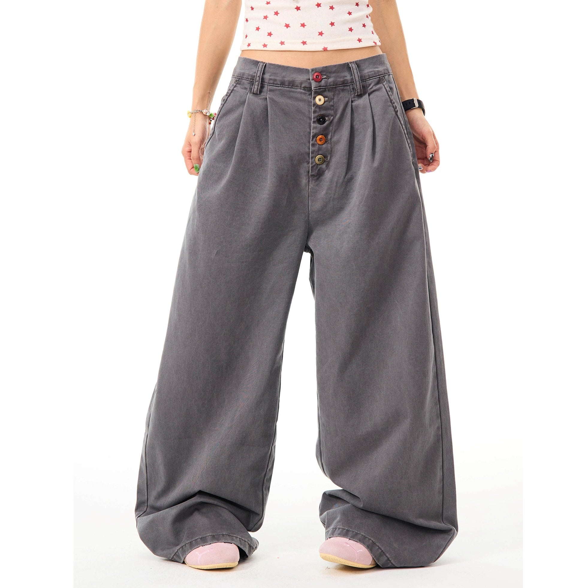 Color Button Wide Straight Pants MW10099