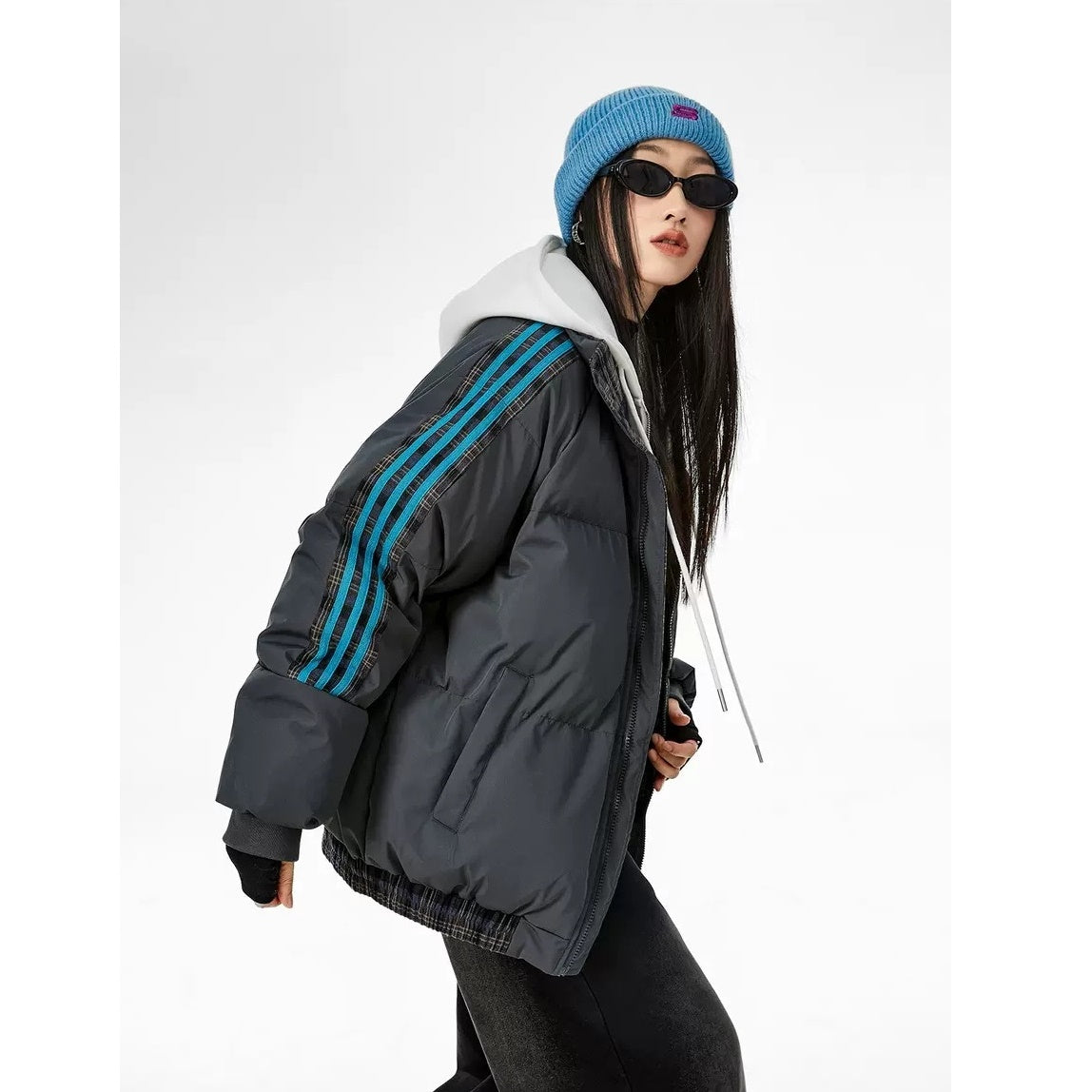 Contrast Check Striped Stand Collar Padded Jacket IC9003