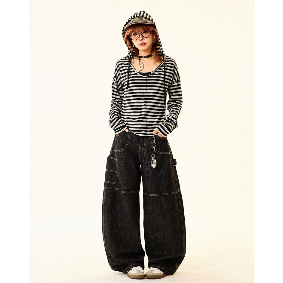 Back Print Loose Barrel-Leg Work Jeans MW9700