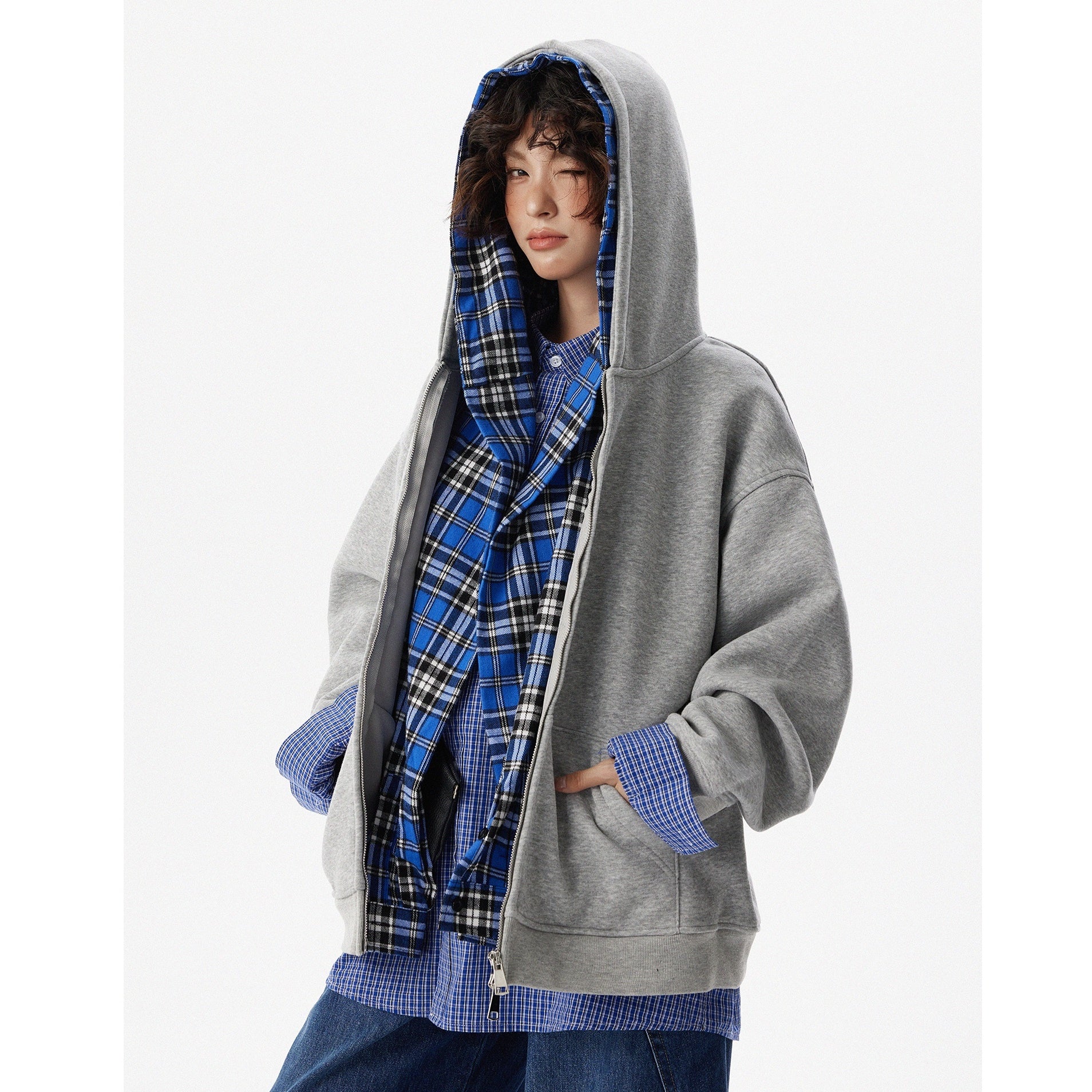 Fake 2Piece Design Plaid Shirt Stitch Hooded Parka HG7194