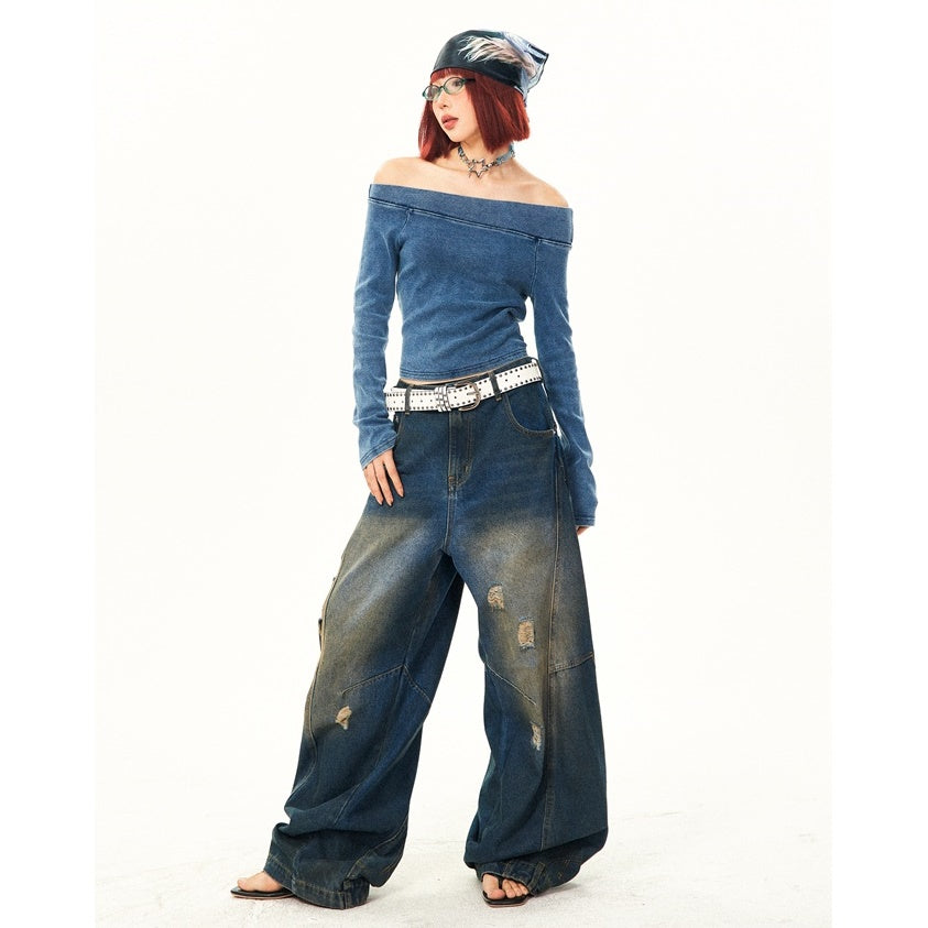 Retro Washed Ripped Stitch Design Loose Jeans YS7007