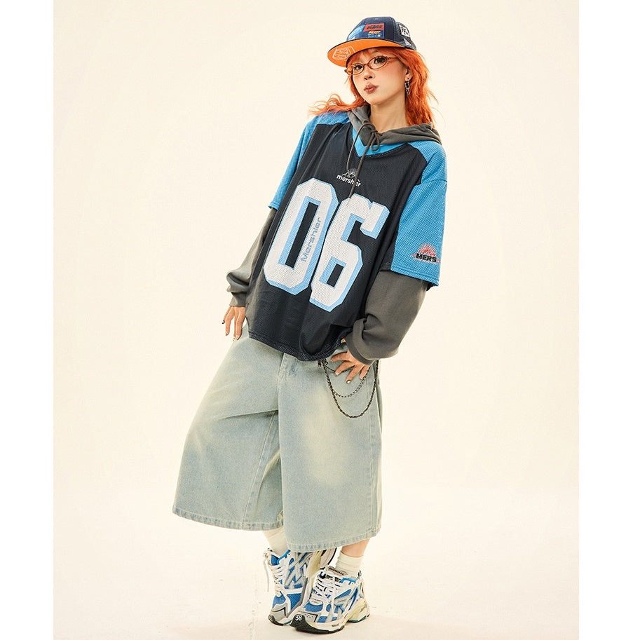 Vintage Fake Layered Sporty Hooded Pullover MW9333