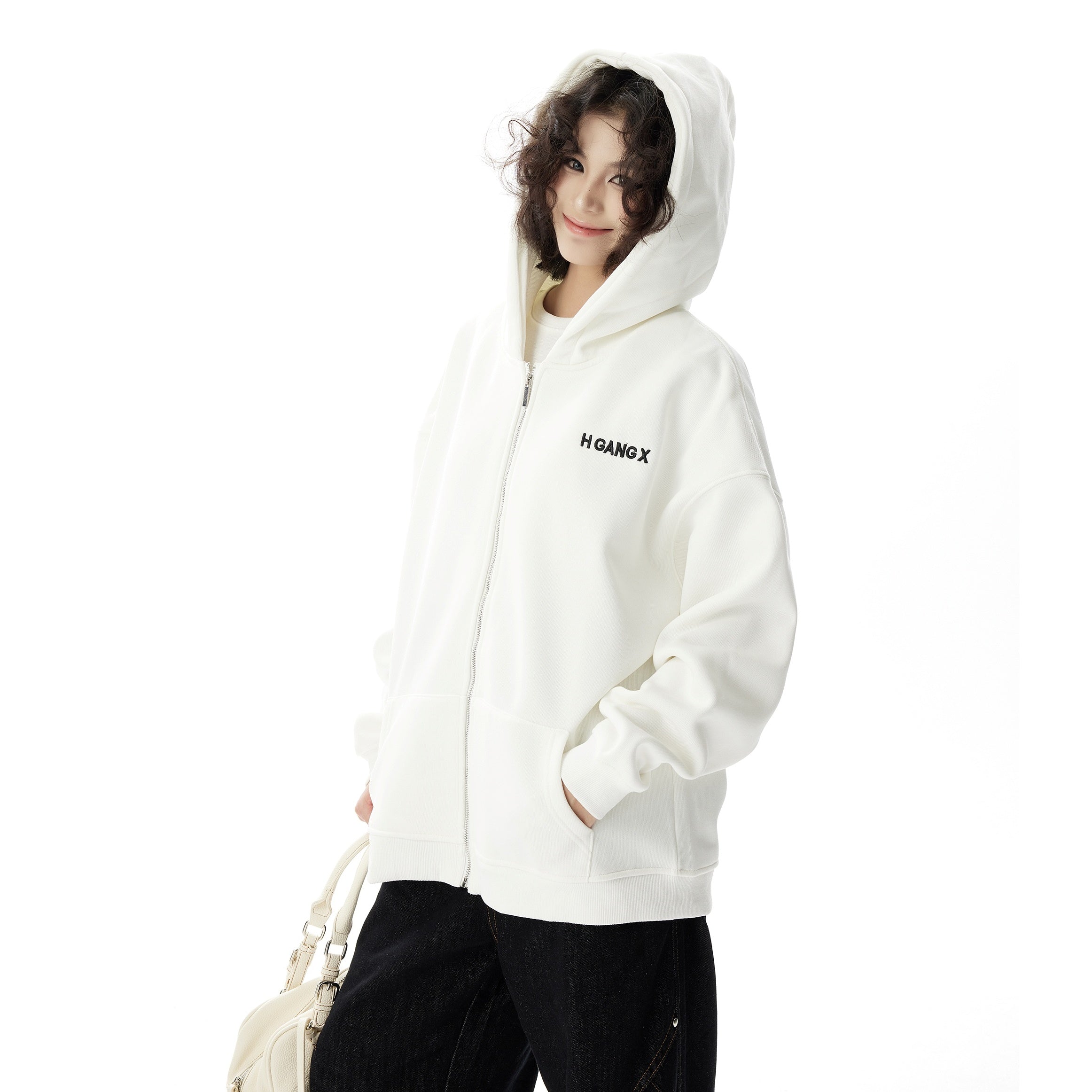 Simple Embroidered ZIP-Up Hooded Parka HG7181