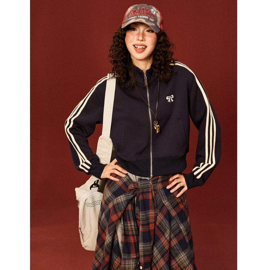 Retro College Bow Embroidery Cropped Track Jacket MW9430