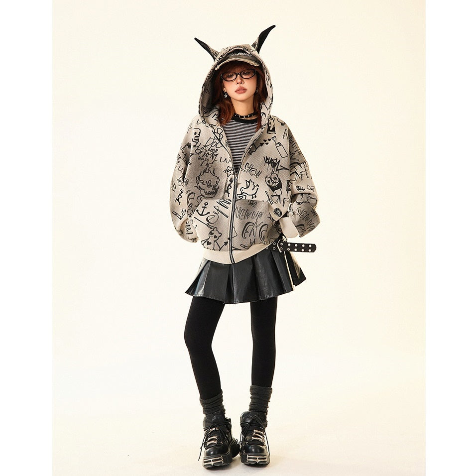 Doberman Ear Hooded Graphic Print Zip-Up Parka MW9701