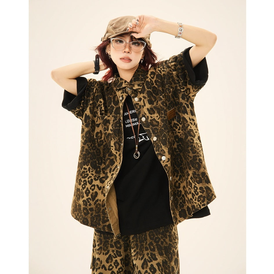 Vintage Leopard Print Short Sleeve Shirt MW9268