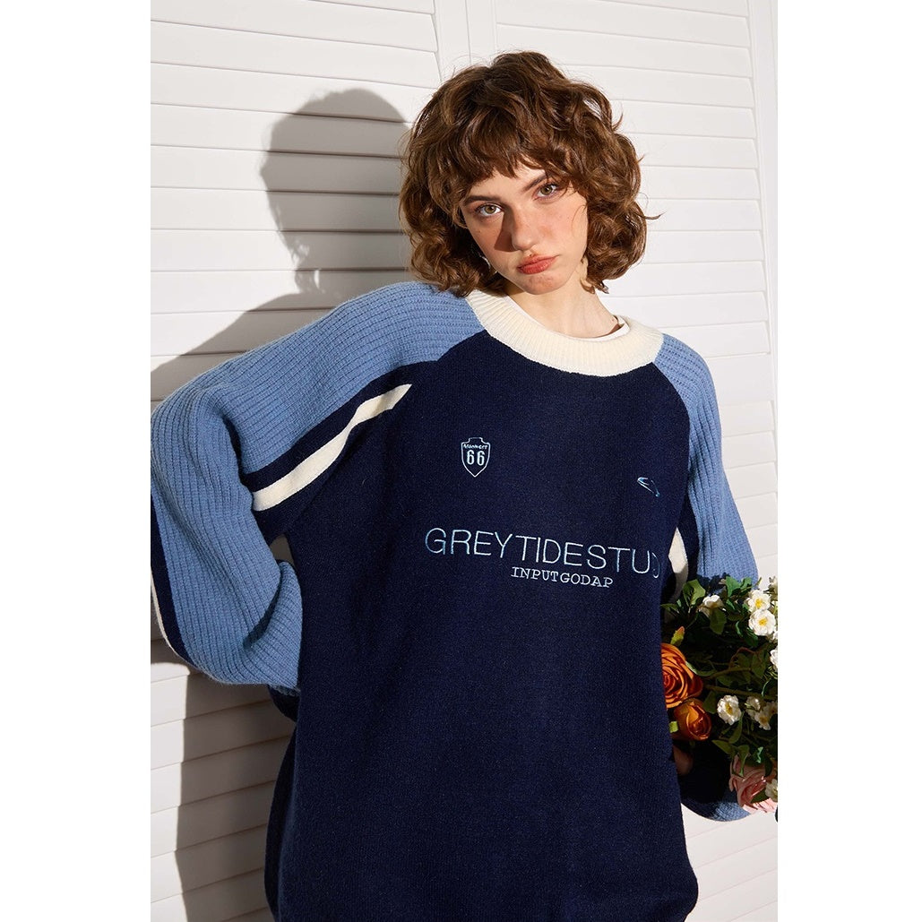 Color Stitching Crew Neck Retro Sweater MW9471