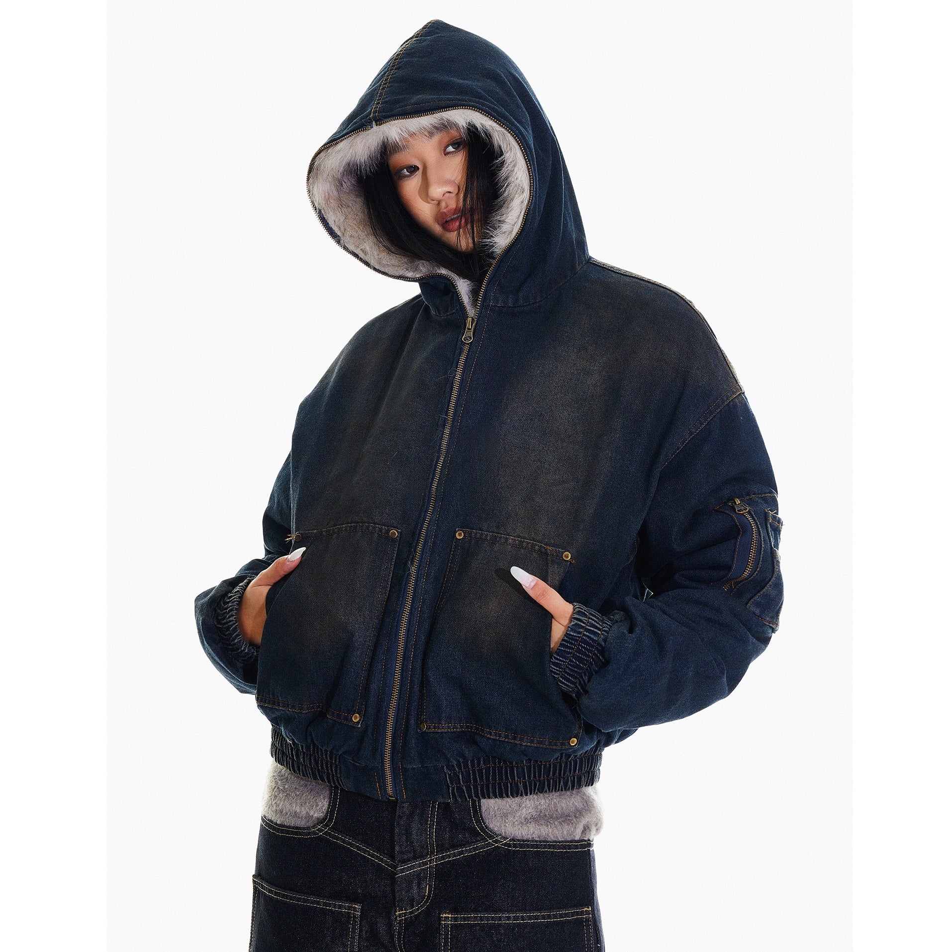 Fur Stitch Denim Hooded Quilting Jacket HG7198