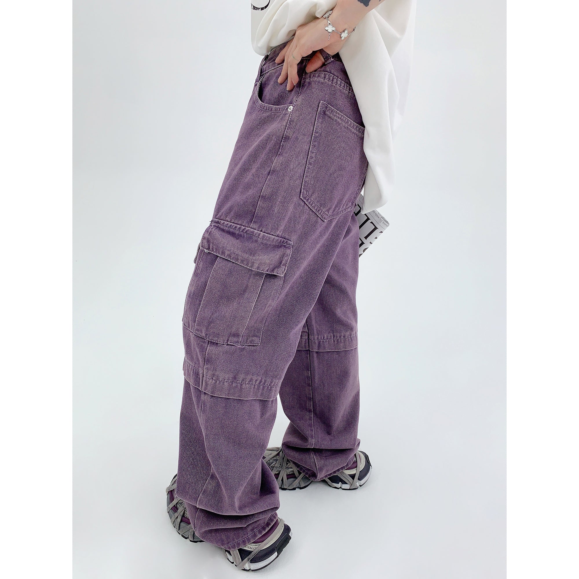 Wash Purple Straight-leg Denim Cargo Pants MW9315