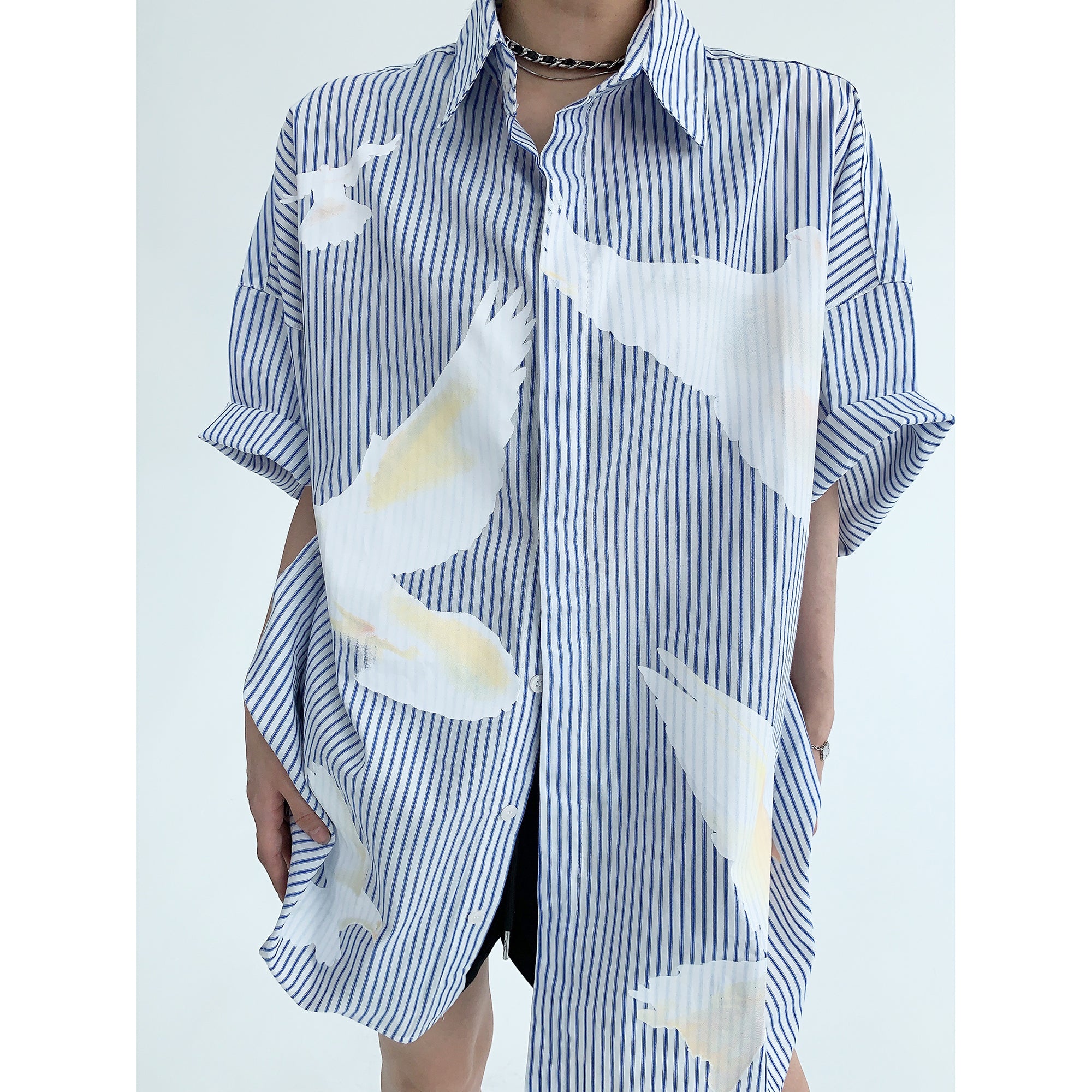Striped Pigeon Print Short-sleeved Shirt MW9244