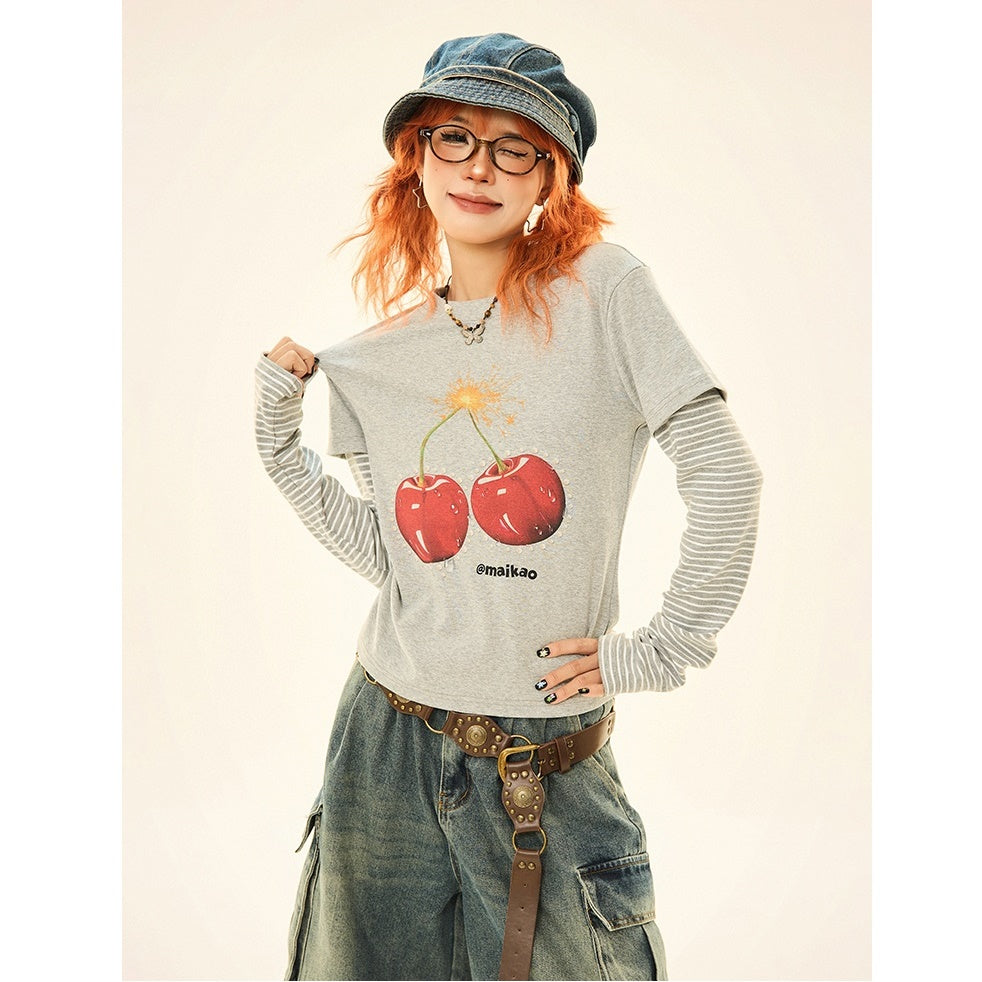 Cherry Print Fake Layered Long Sleeve T-Shirt MW9330