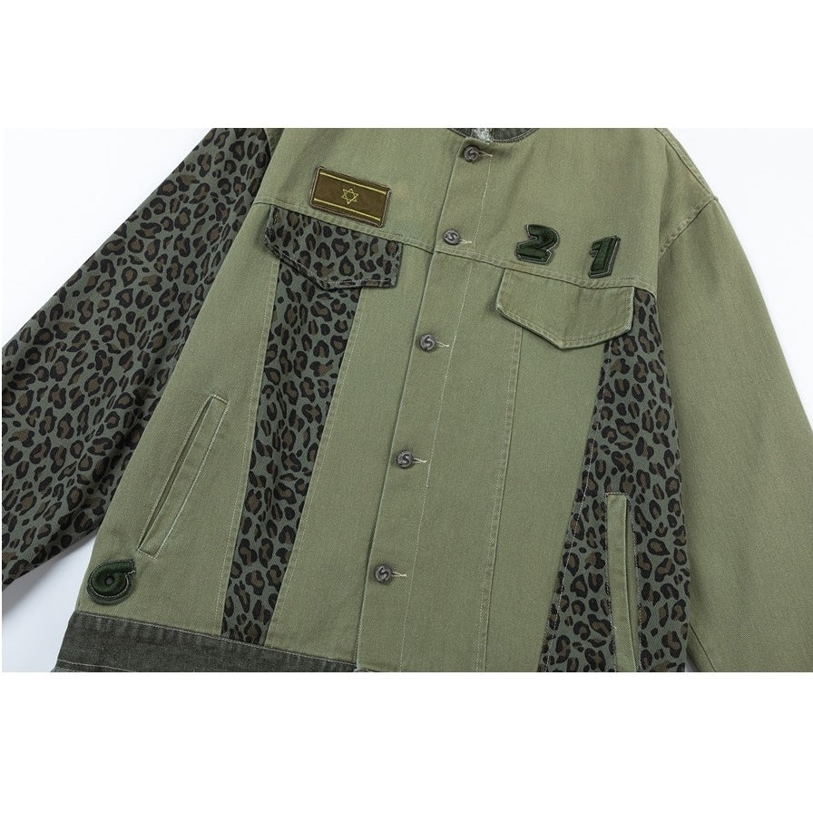 Wash Leopard Print Stitched Stand Collar Jacket MW9486