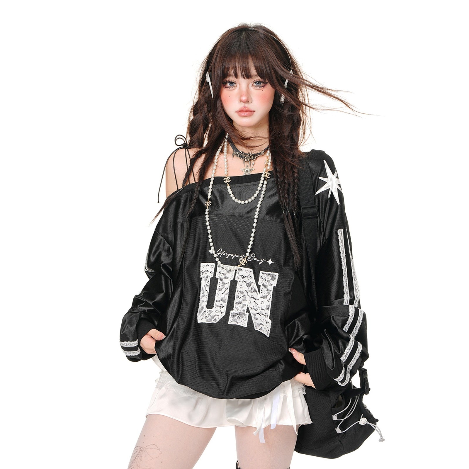 Lace Slanted Shoulder Baseball Style Pullover KK2002