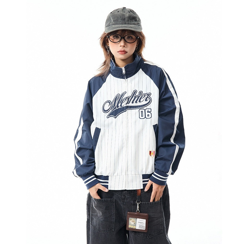 Baseball Style Color-block Stand Collar Jacket MW9799