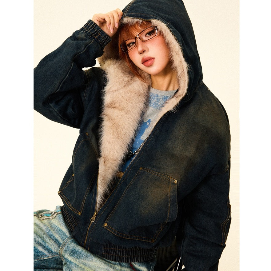 Fluffy Fur Denim Hooded Jacket MW9703